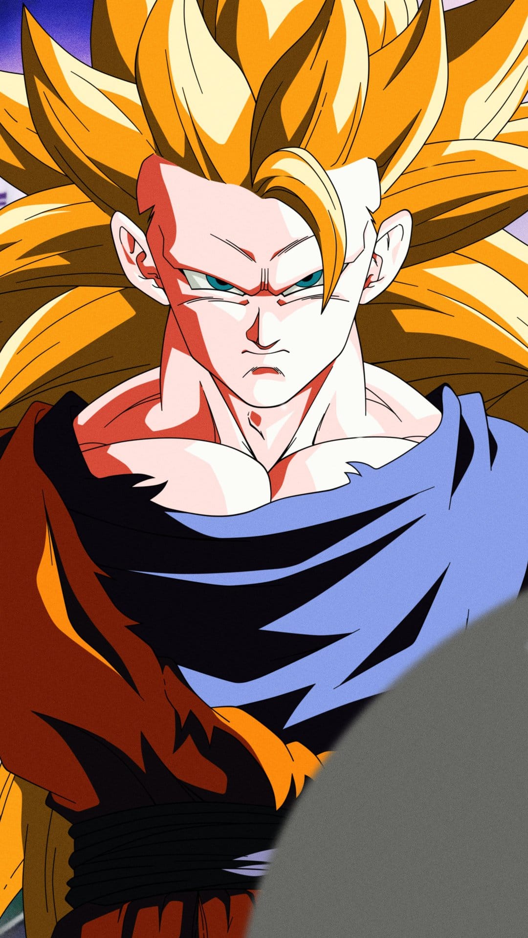 Goku in Super Saiyan 3 form with long golden hair, blue-green eyes, and a blue gi against a glowing yellow aura.