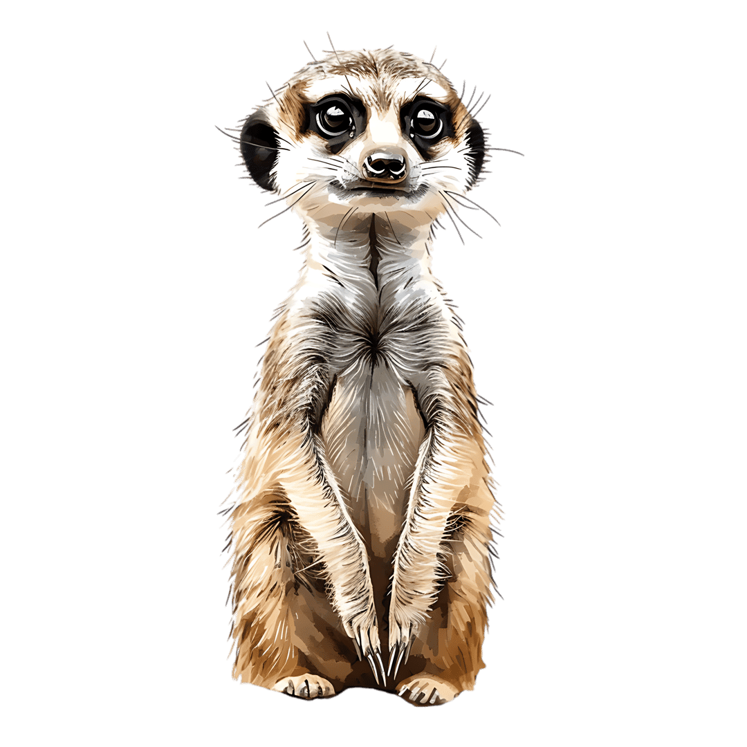 Meerkat watercolor illustration showing an upright mammal with sandy brown fur standing against a black background.
