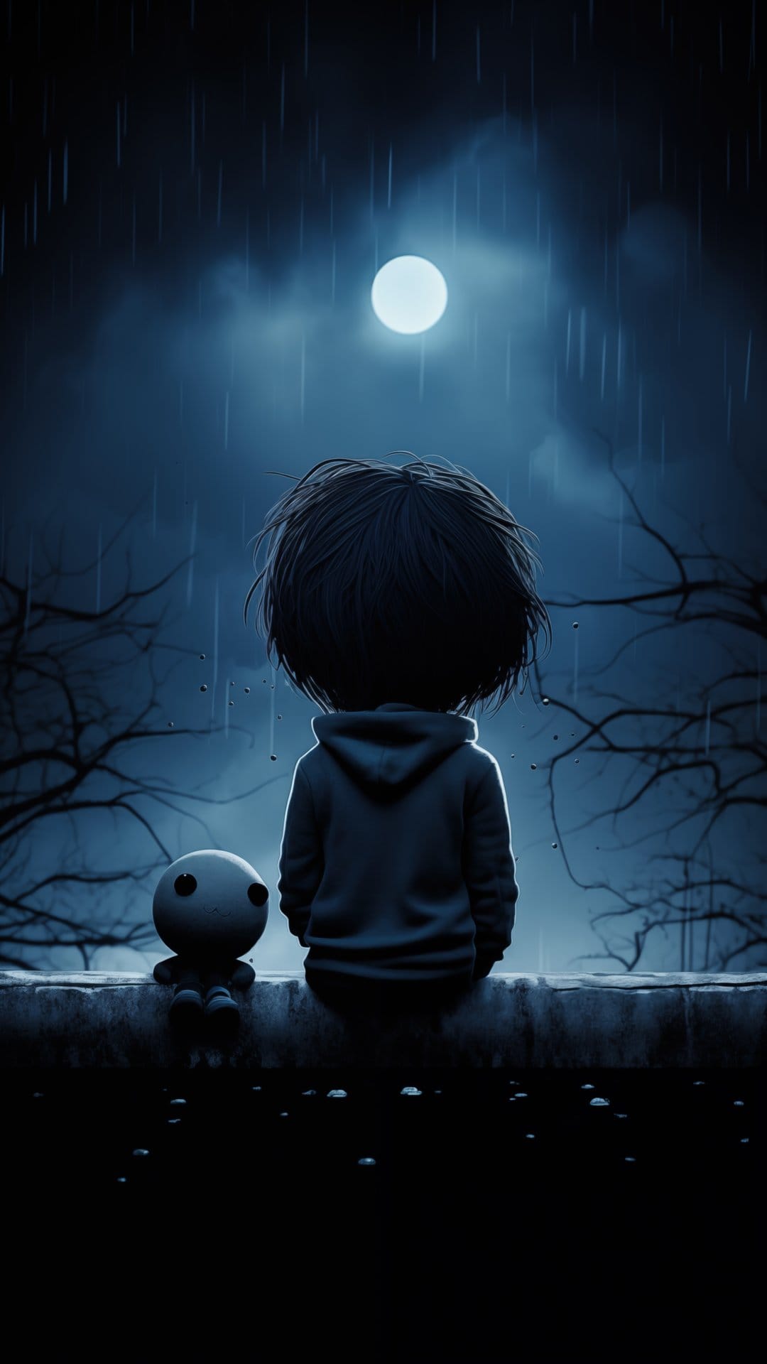 Child with dark hair sits beside a small round toy on a ledge overlooking a rainy night with a full moon.