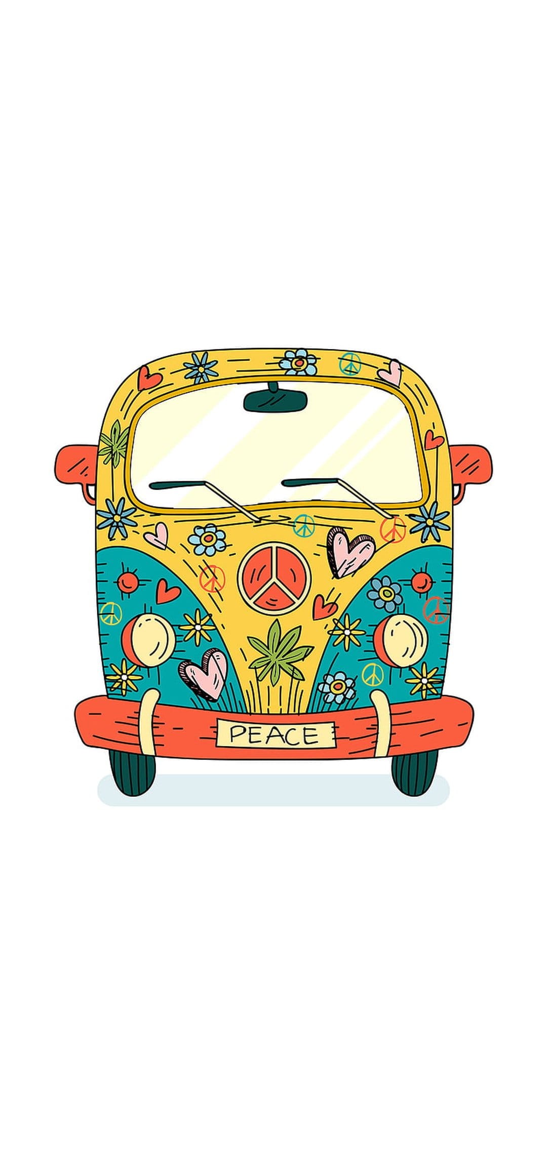 Vintage camper van decorated with multicolored flowers, peace signs, and hearts on a vibrant backdrop.