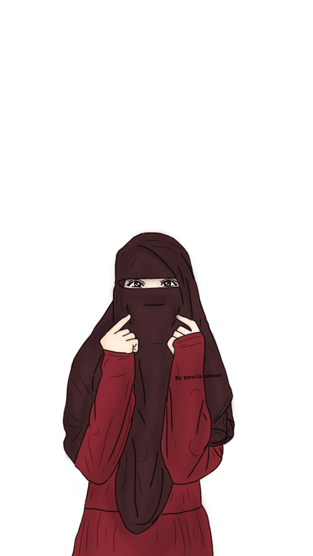 Muslim woman in a red dress and brown niqab peeks through her veil while holding her hands near her face.