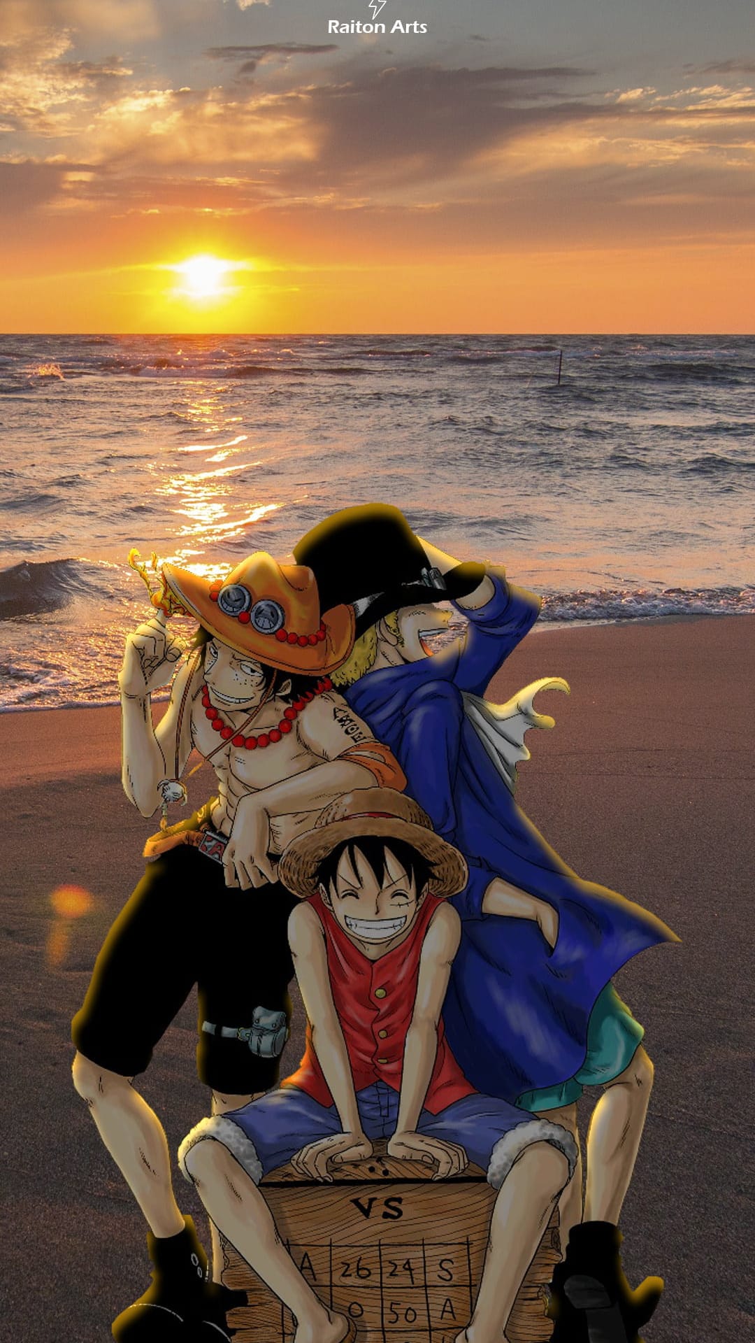 Ace, Luffy, and Sabo standing on a sandy beach during a golden sunset with waves crashing in the background.