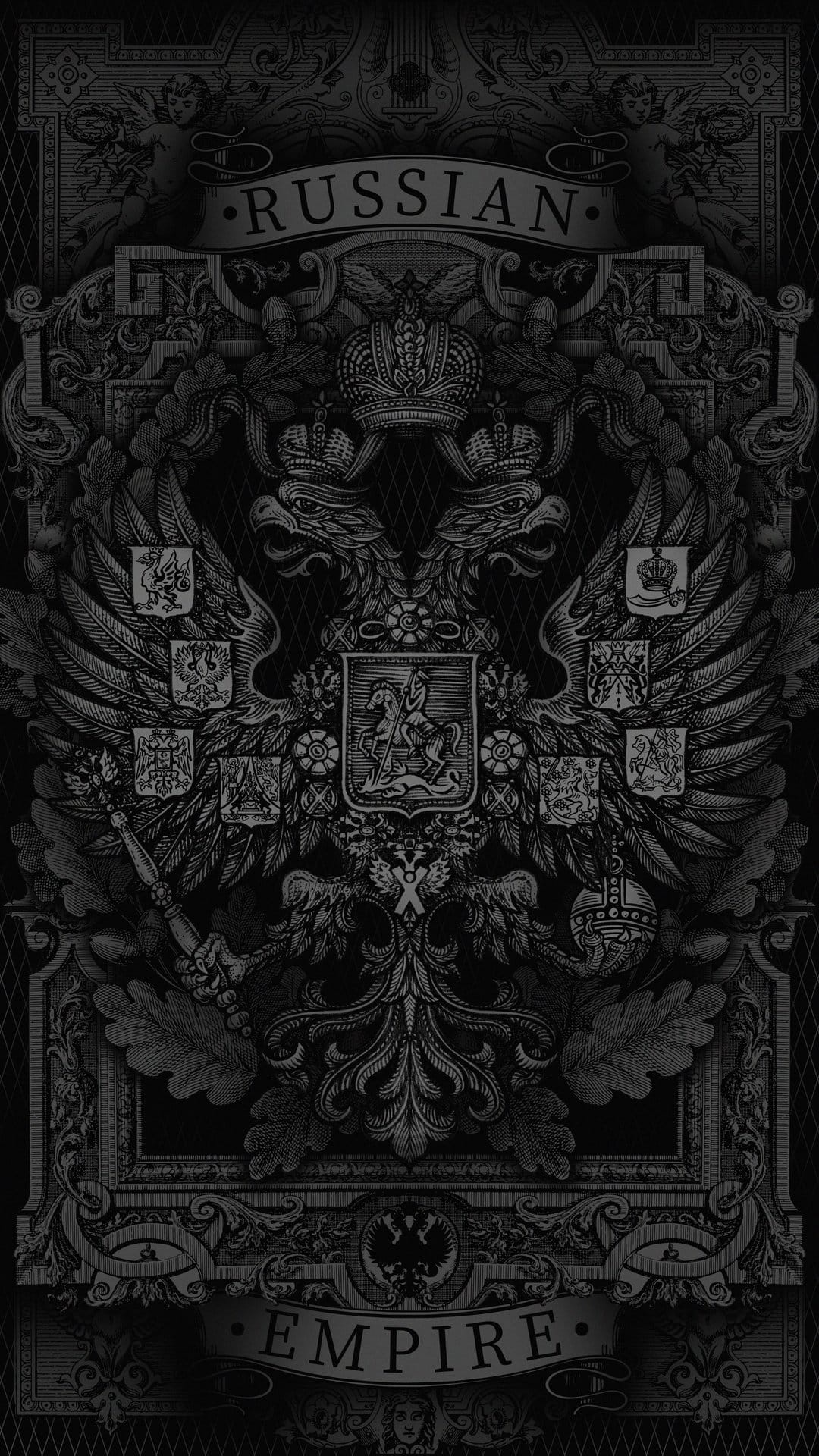 Golden double-headed eagle crest with crowns and heraldic shields on a dark, textured vintage background.