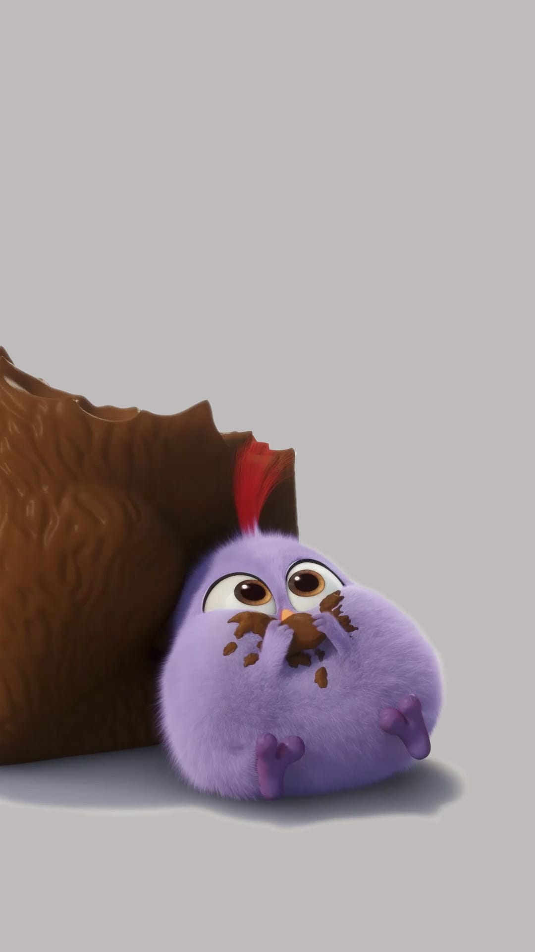 Fluffy purple bird with chocolate on its face sits on a gray surface holding a small square of dark candy.