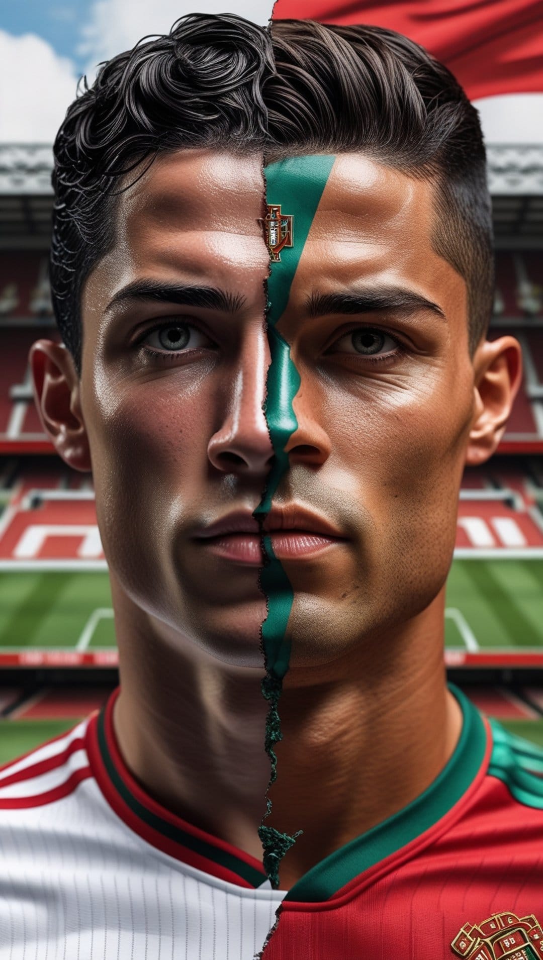 Cristiano Ronaldo with Portugal and Morocco flag patterns across his face in a sharp vertical portrait.