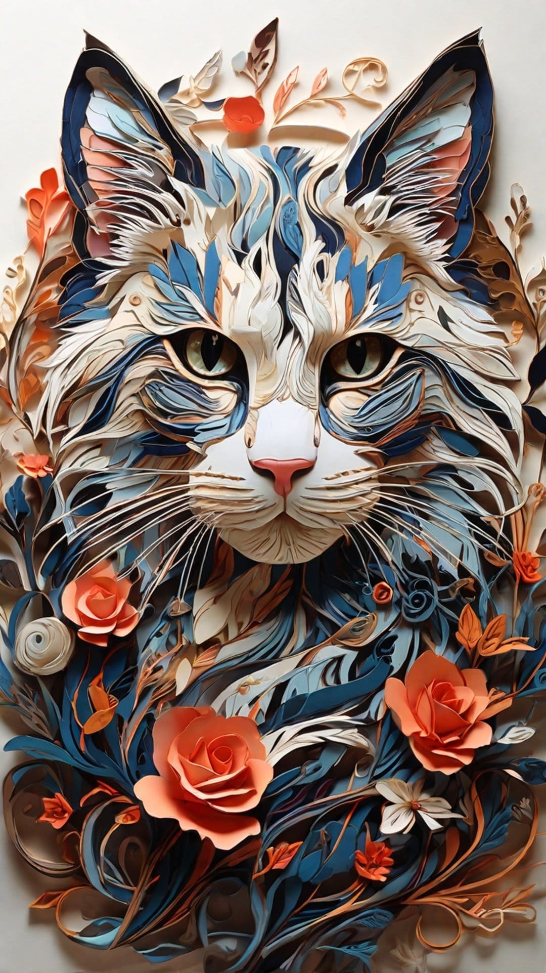 Cat face composed of layered blue and orange paper featuring white roses and detailed floral textures.