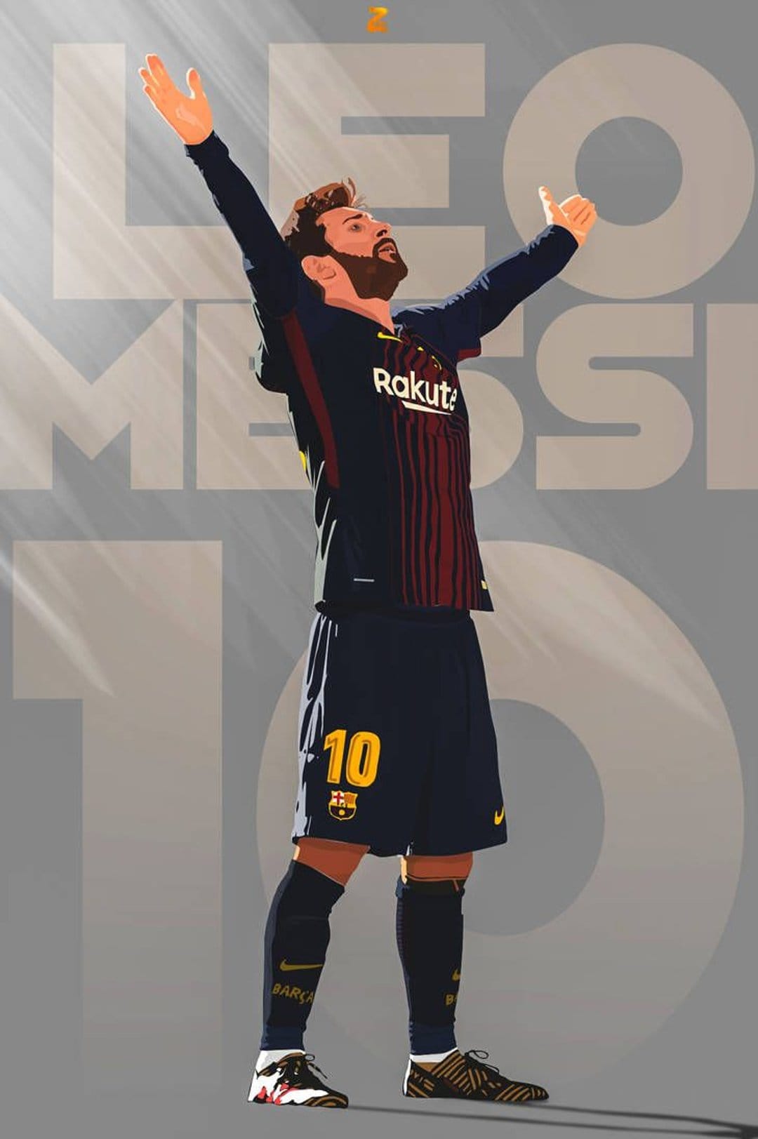 Lionel Messi raises both arms toward the sky wearing a number ten jersey with soft light rays in a muted background.