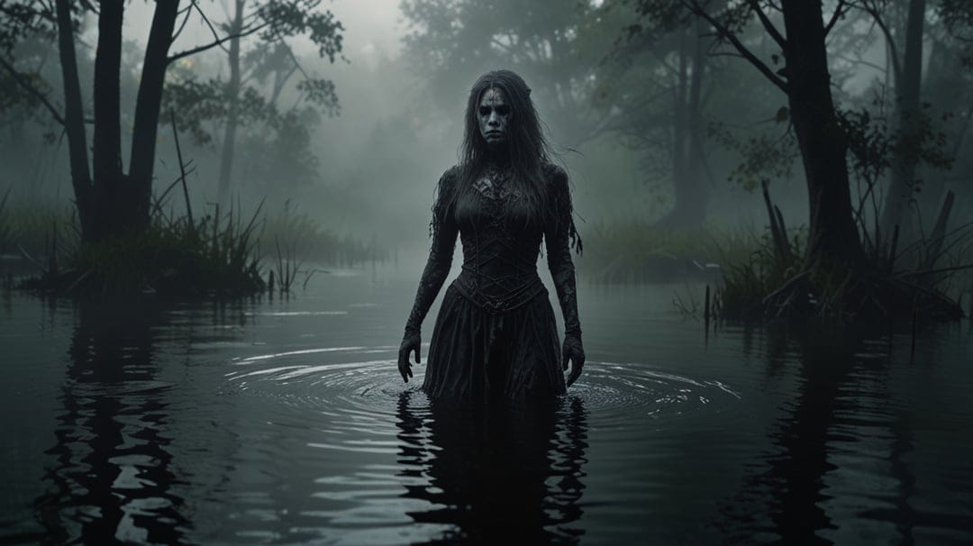 Pale woman in a tattered dress emerges from a misty swamp surrounded by tall reeds and gnarled trees.