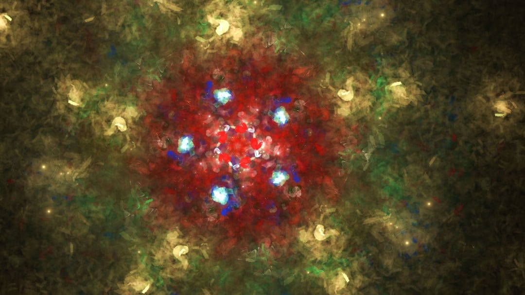 Swirling red and blue fractal energy bursts with golden and green light patterns against a dark background.