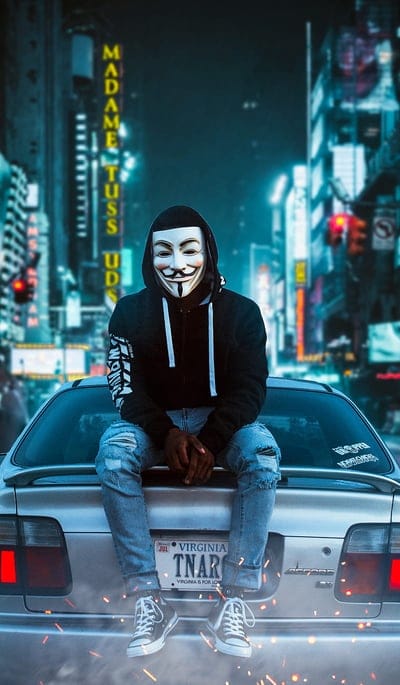 Anonymous Masked, car, city, honda, live, mask, nighti nice, sky, space, street, mobile wallpaper, android wallpaper, iPhone wallpaper, phone wallpaper