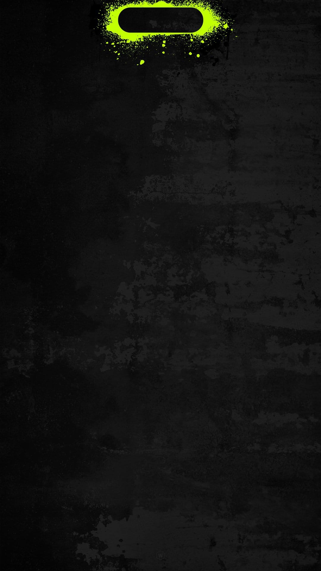 Neon green paint splatter and fine droplets burst against a dark, textured black surface in a vertical layout.