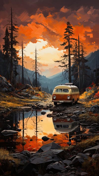 camper,van,trees,stones,reflection,art,brush strokes