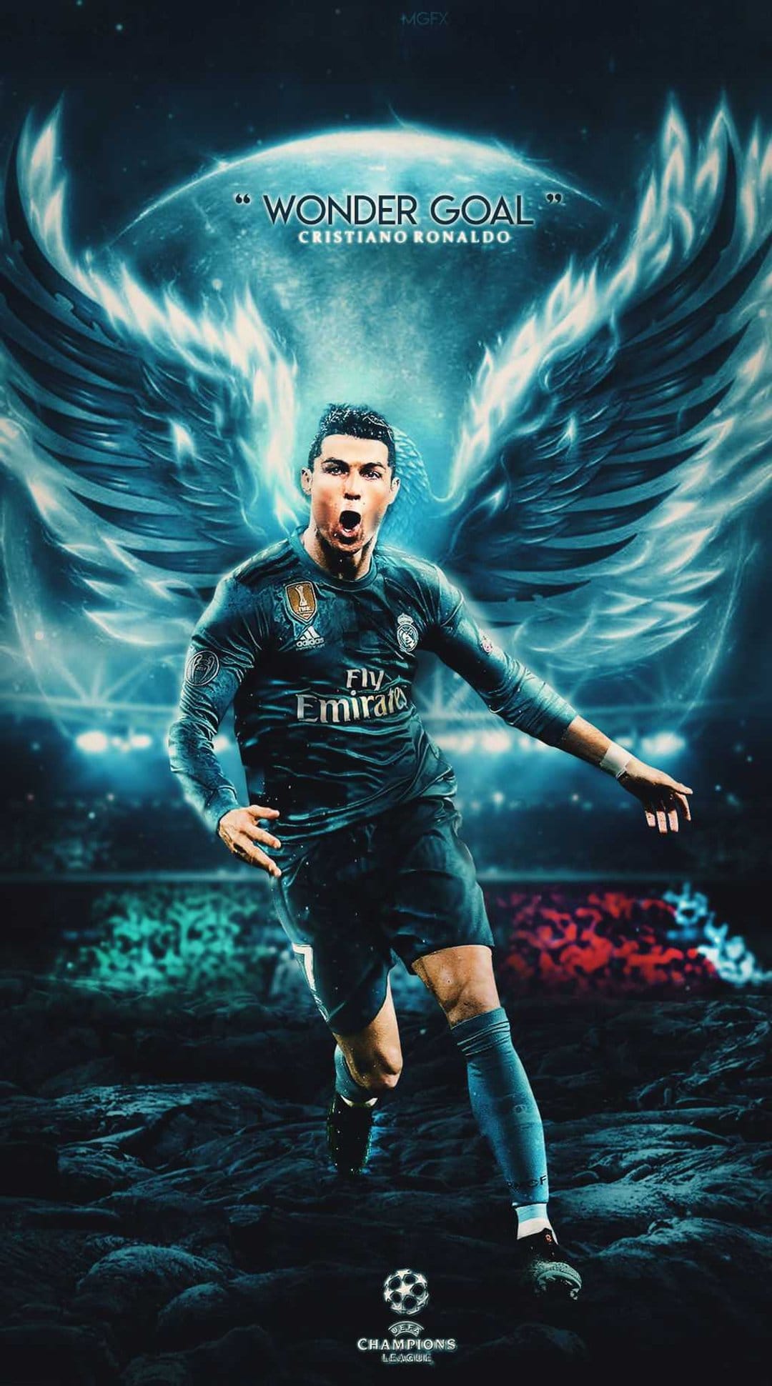 Cristiano Ronaldo with luminous angel wings runs across a stadium turf beneath a starry celestial night sky.