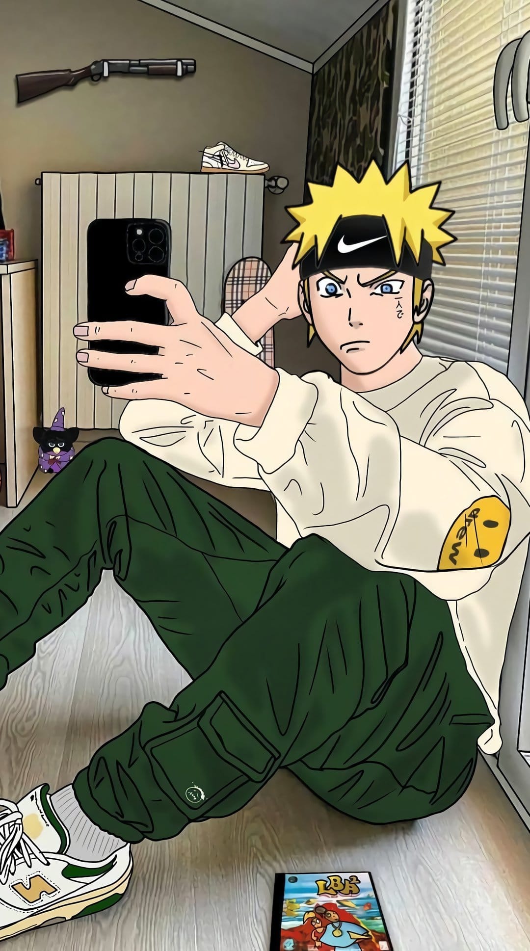 Naruto Uzumaki wears a white sweatshirt and green pants while holding an iPhone for a selfie in a home interior.