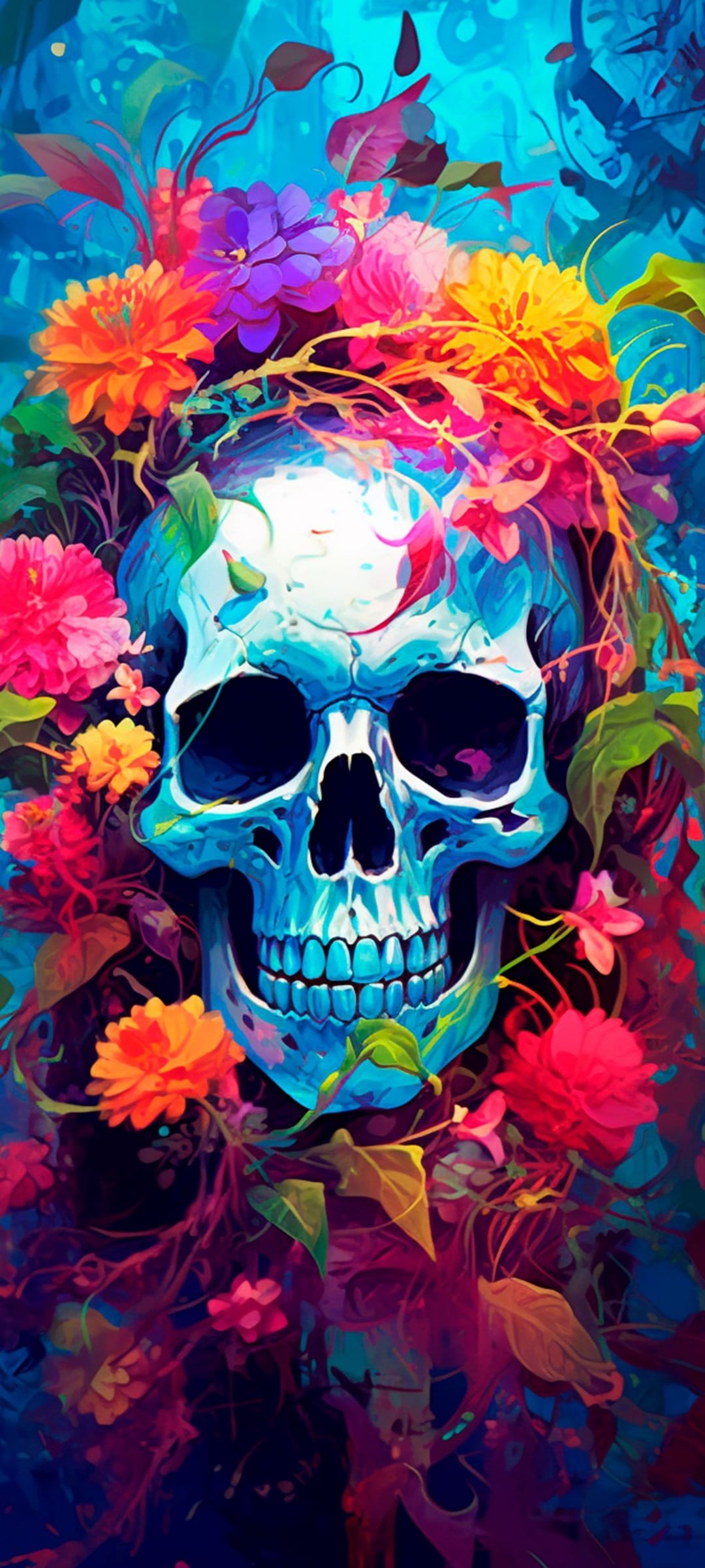 Blue skull wearing a crown of pink and orange flowers with lush green leaves against a dark background.
