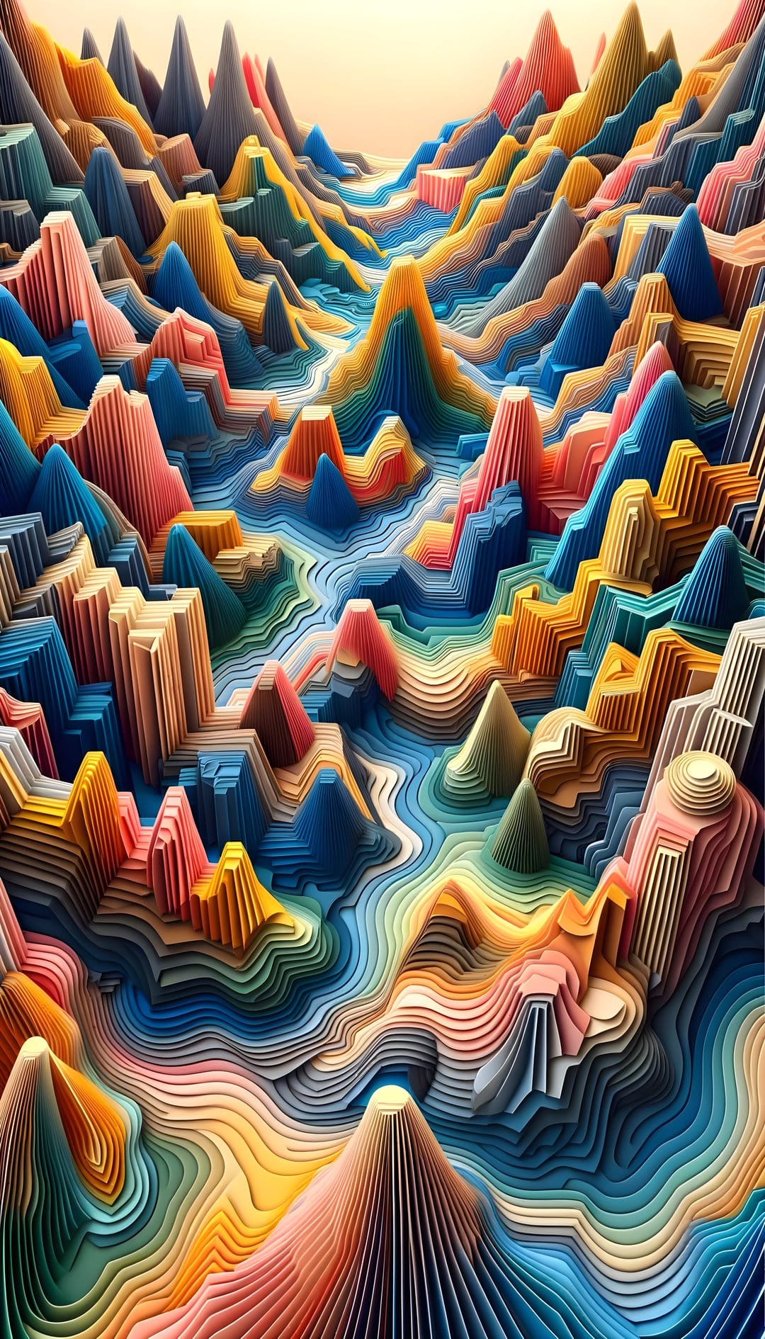 Layered paper mountains in orange, pink, and blue form a geometric landscape with deep shadows and sharp edges.