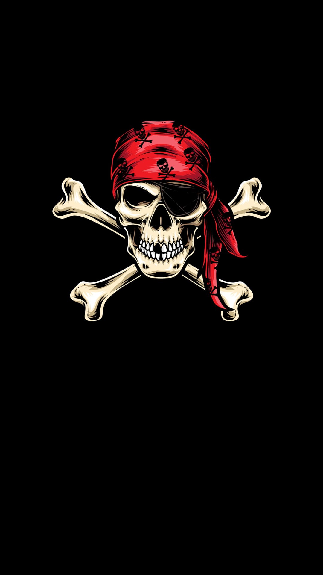 Pirate skull wearing a red bandana with small skull patterns over crossed bones against a black background.