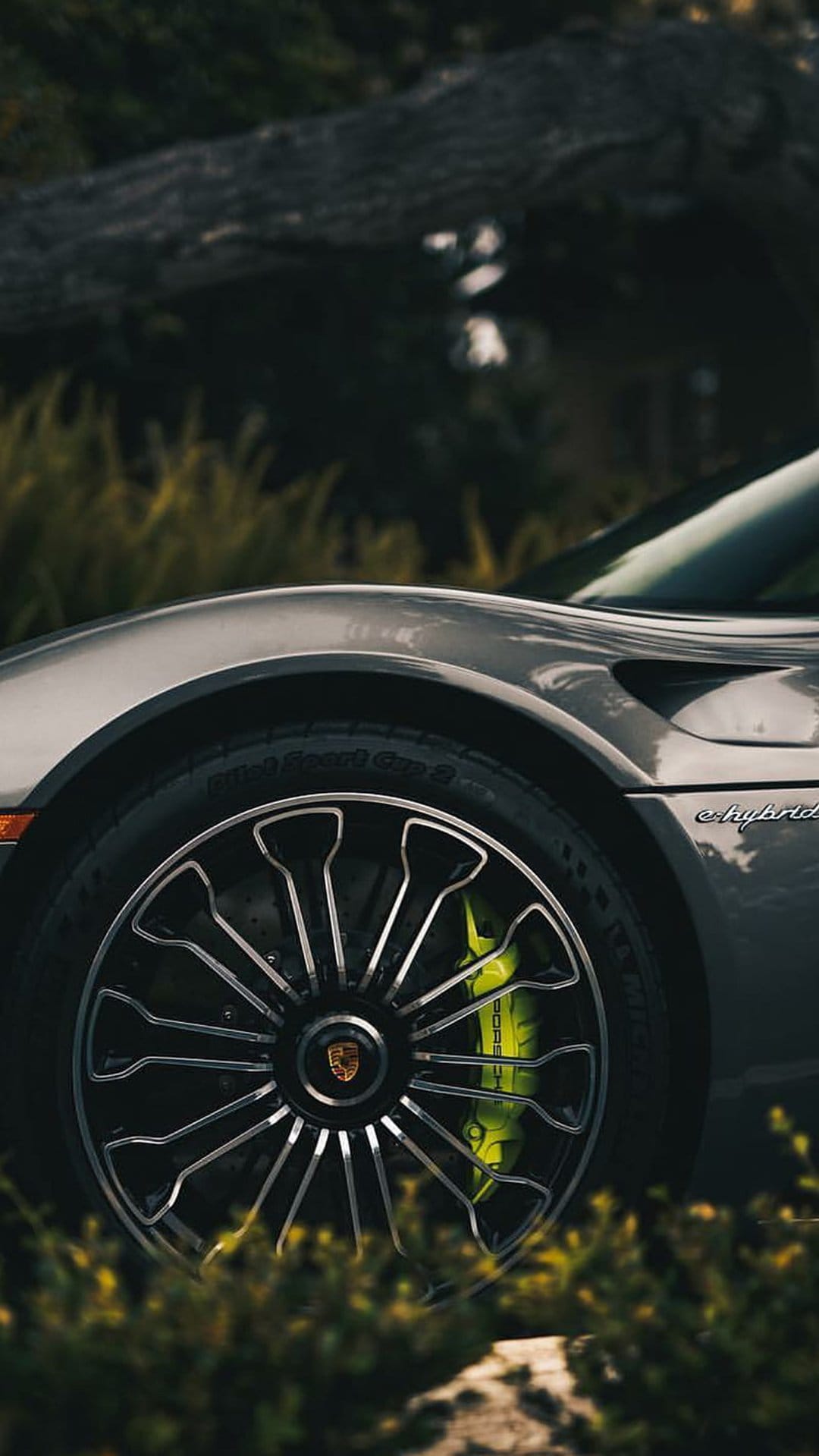 Porsche multi-spoke alloy wheel features bright green brake calipers and a hybrid badge against blurred trees.