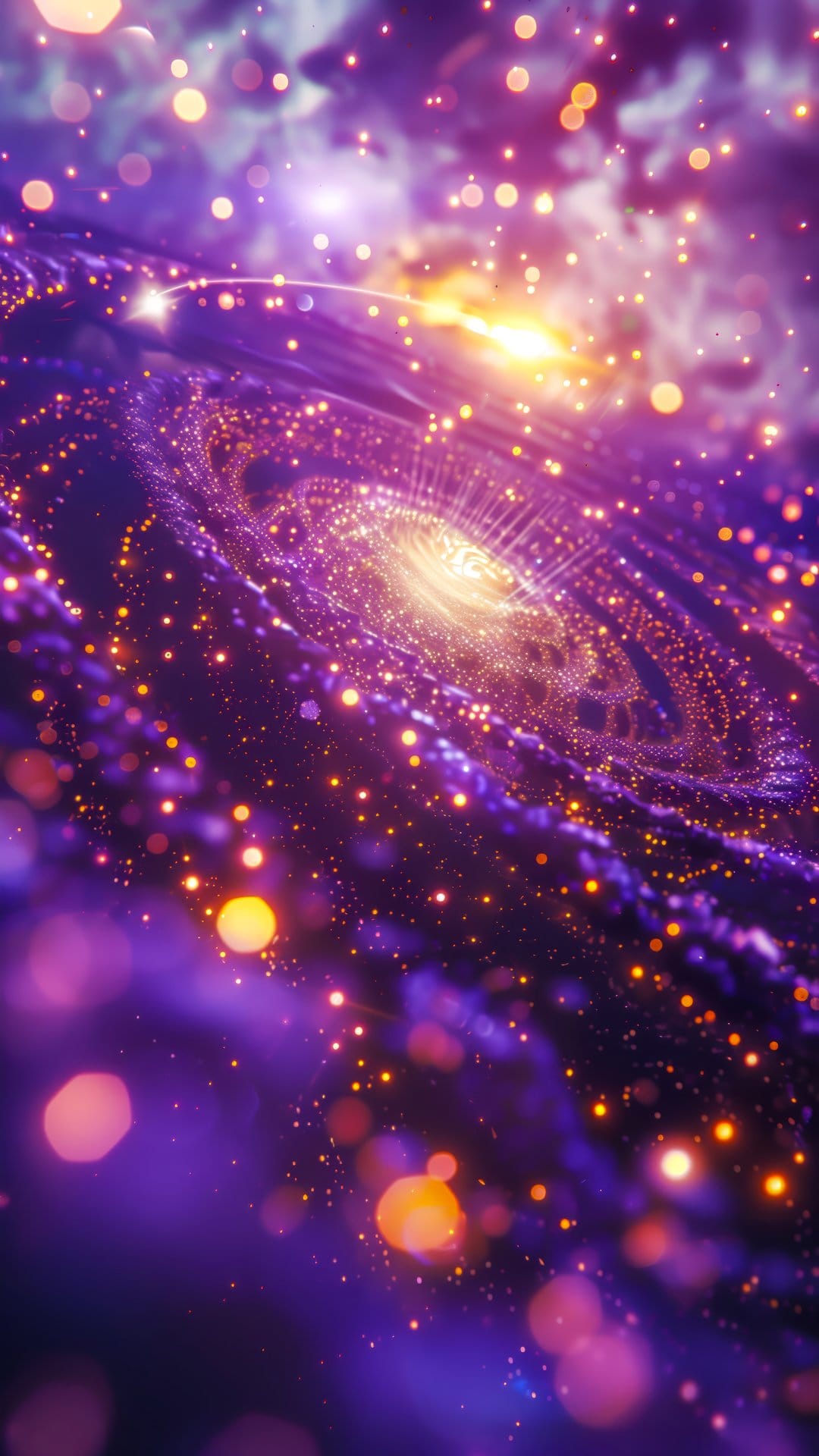 Golden spiral galaxy with glowing particles and soft bokeh lights over a deep purple and violet background.