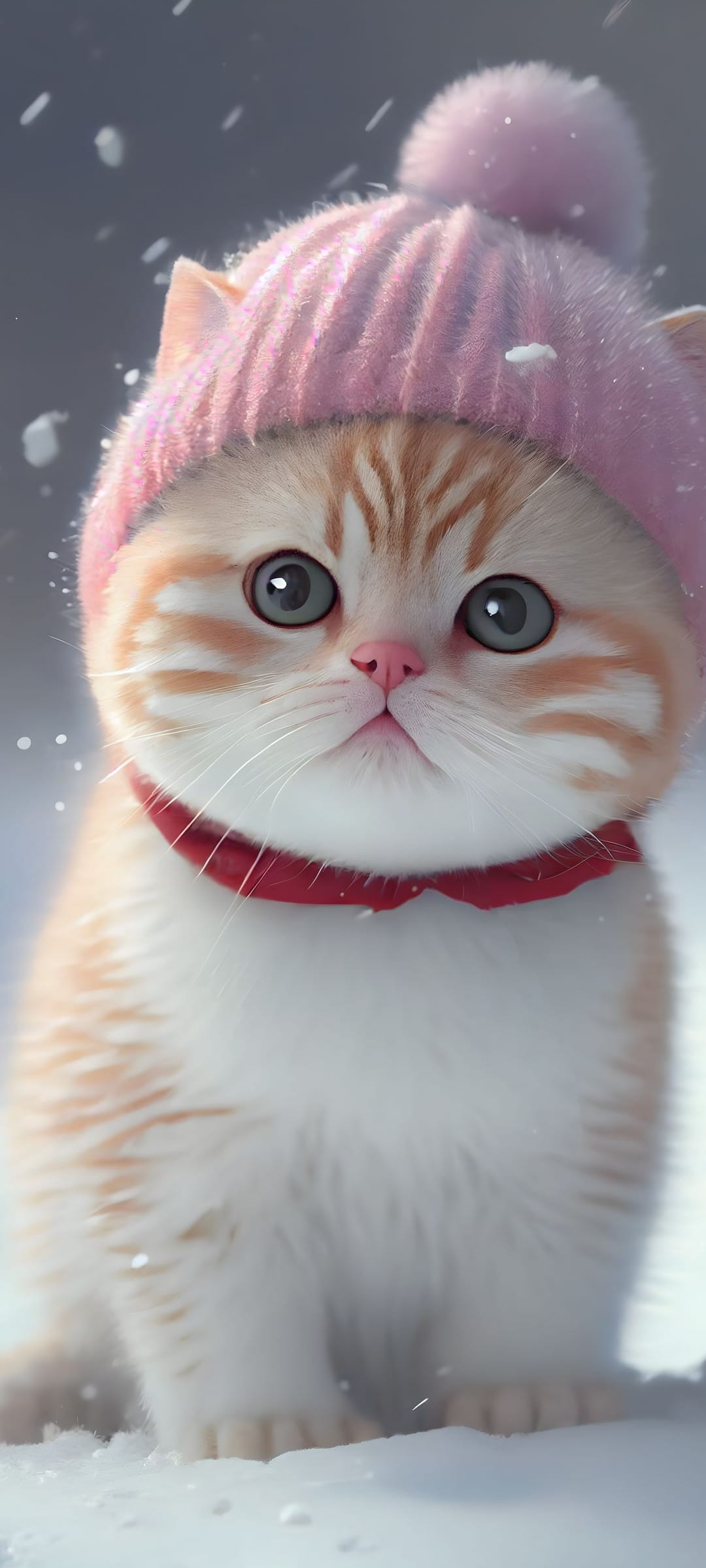 Ginger kitten wearing a pink pom-pom hat and red scarf sits in soft snow as snowflakes fall in the background.
