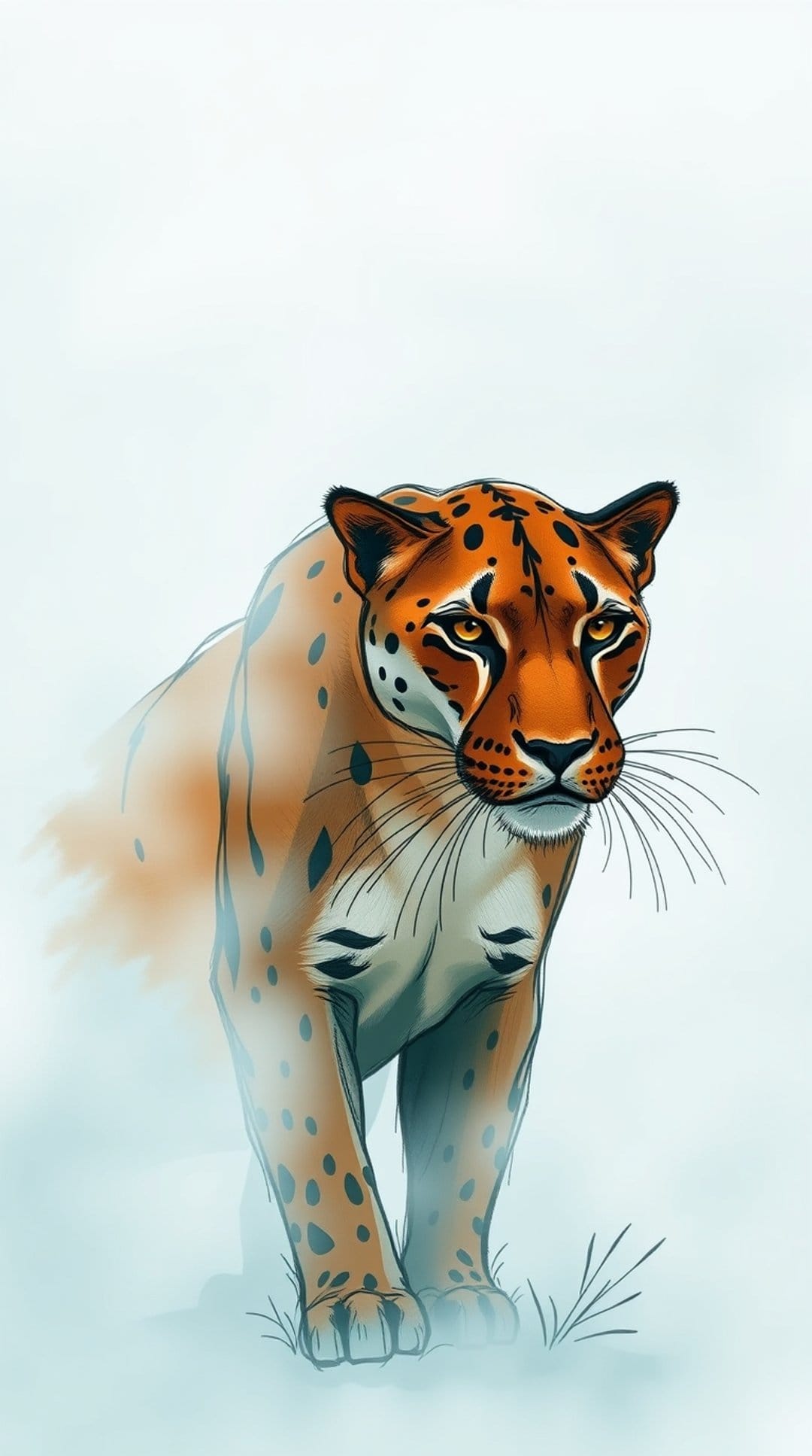 Jaguar with orange and black spots gazes forward through light blue fog with piercing golden eyes and whiskers.