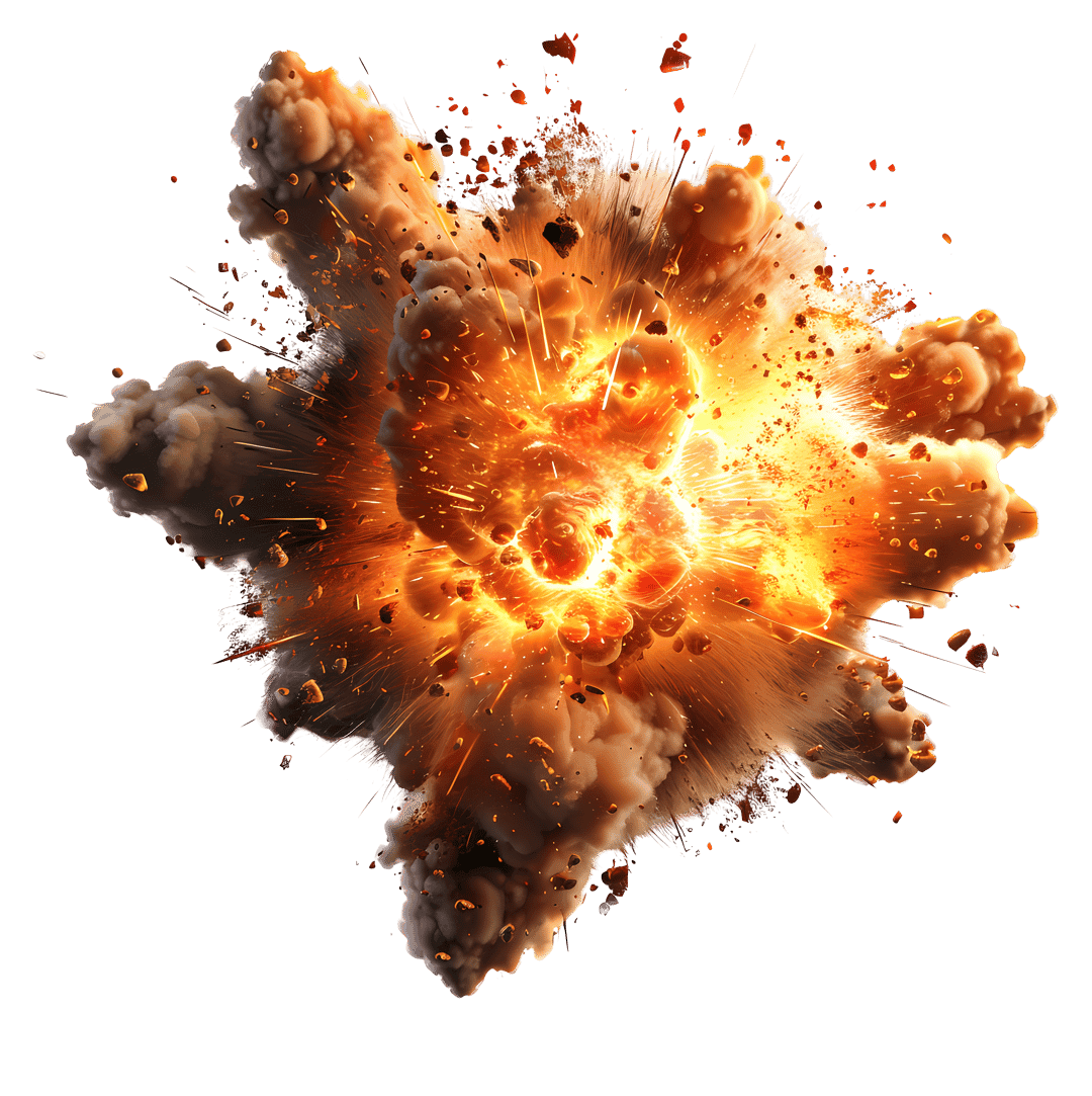 Fiery explosion illustration featuring billowing grey smoke clouds and bright orange core with glowing embers.