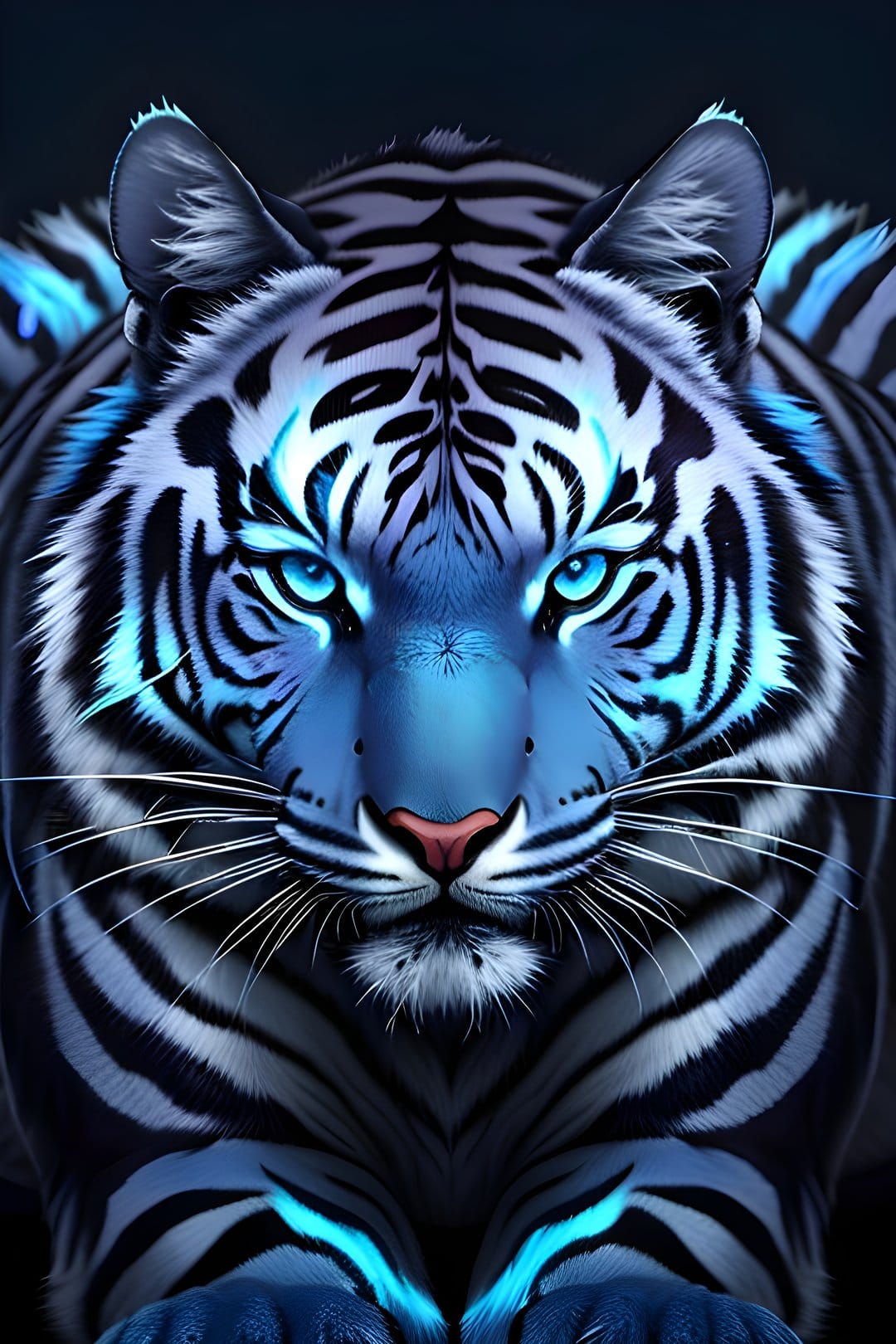 White tiger with glowing blue stripes and eyes emerges from a black background, focusing on its face and ears.
