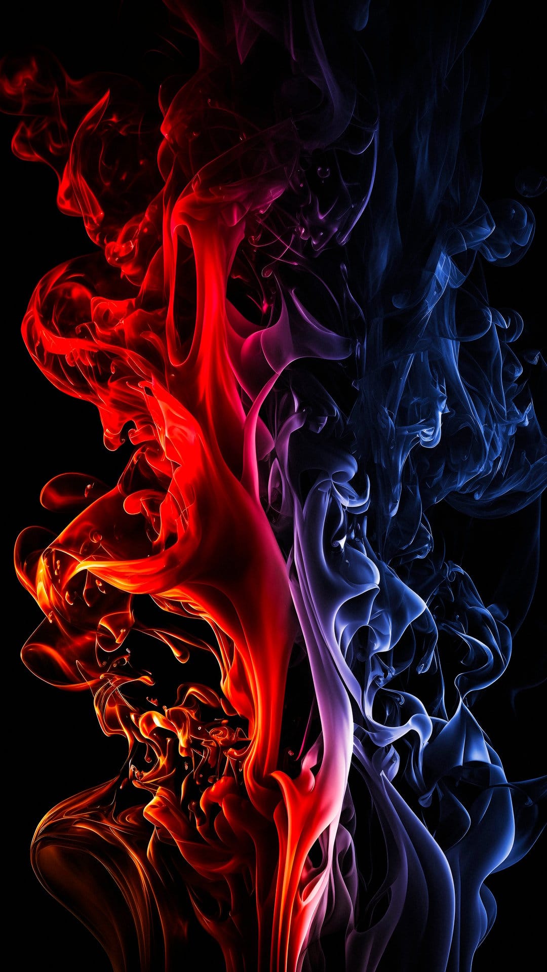 Red and blue smoke swirls intertwining on a black background with soft wispy textures and high contrast lighting.