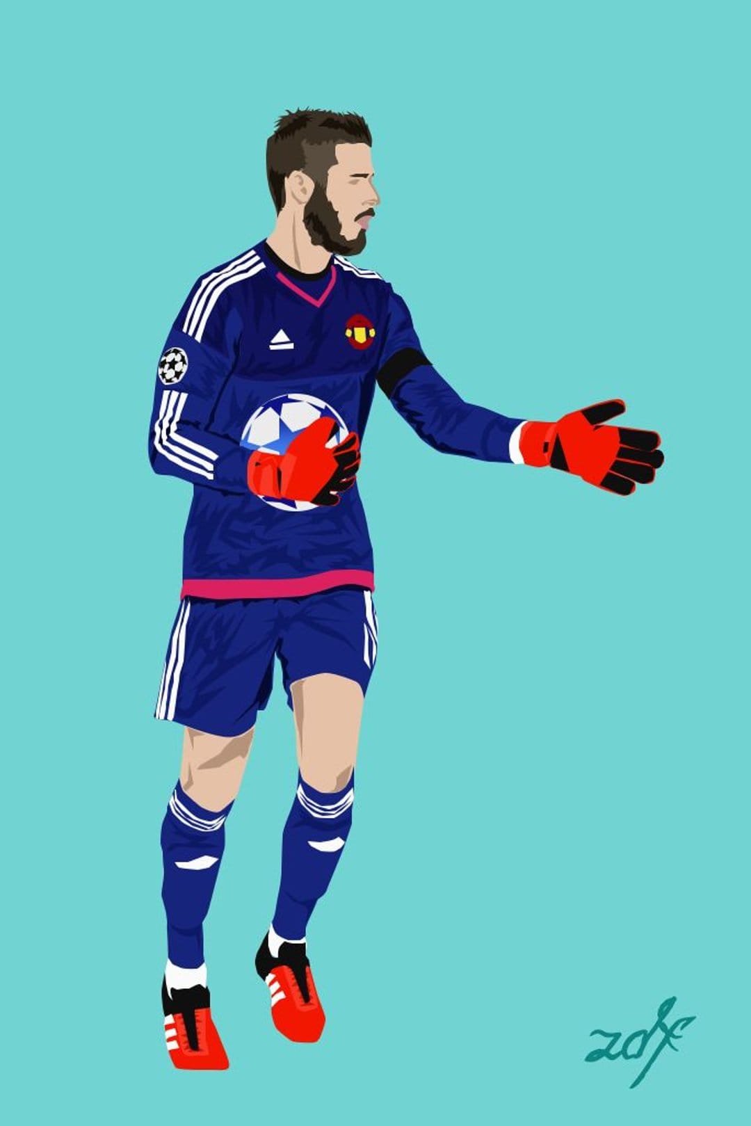 David de Gea holds a football in his Manchester United away jersey over a minimalist solid light blue background.