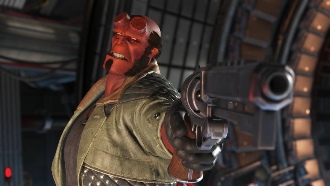 Hellboy with red skin and sawed-off horns aims a large revolver forward in a cinematic gaming scene.