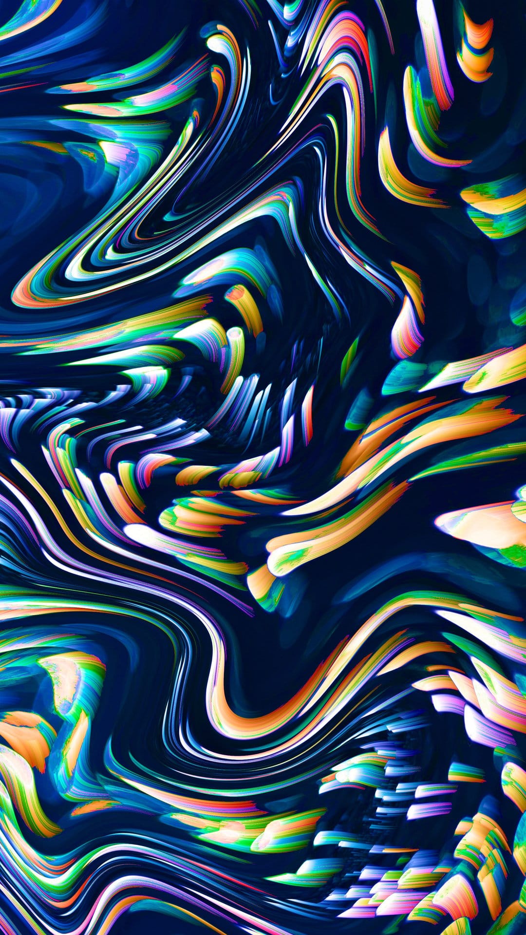Glowing neon pink, blue, and green ribbons twist in a fluid spiral against a deep dark navy background.