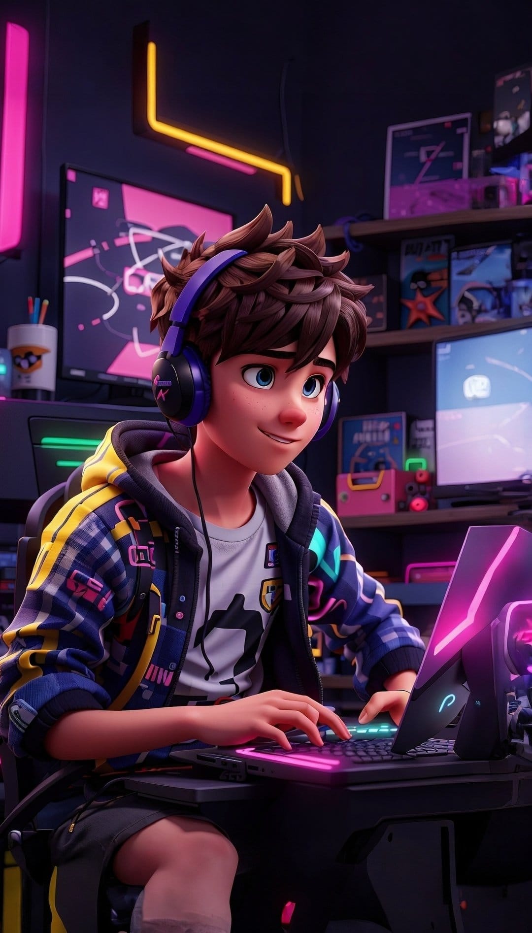 Young boy with brown hair and headphones plays on a laptop in a room filled with neon blue and pink LED lights.