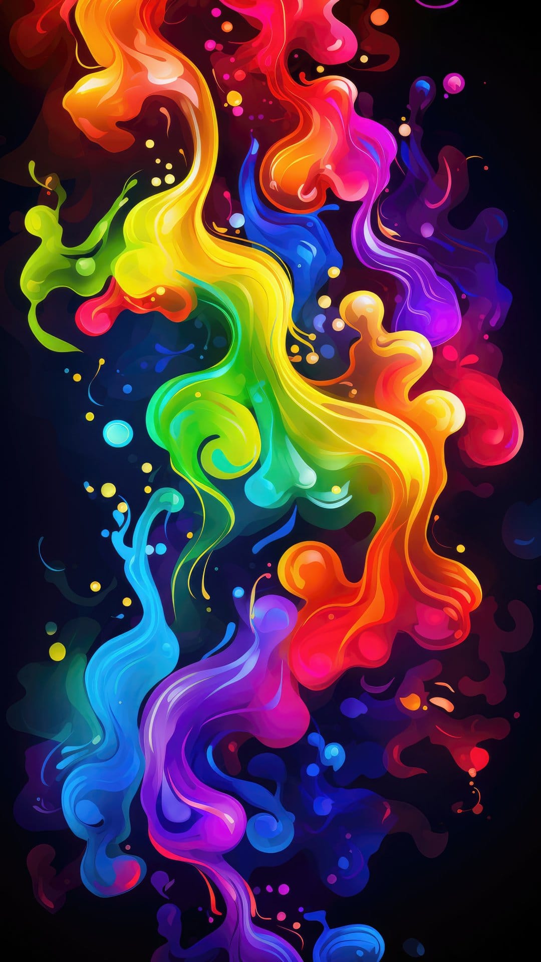 Multicolored paint splashes and fluid ink swirls erupting against a solid black background in high contrast.