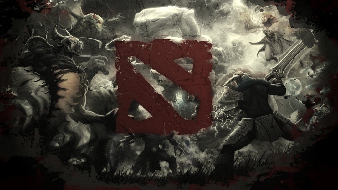 Dota 2 heroes Sven and Shadow Fiend flanking a central red game logo on a gritty stone-textured background.