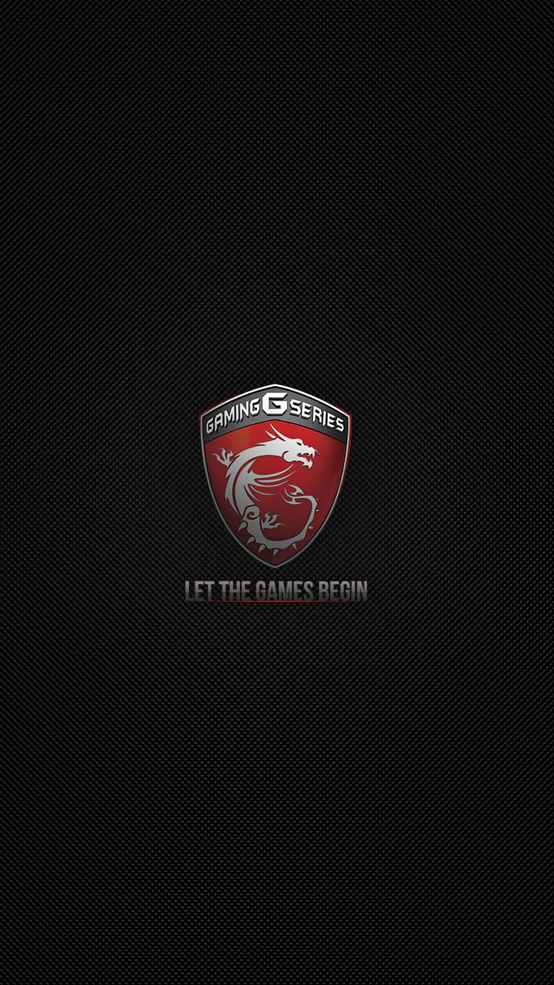 Red dragon shield logo centered on a black carbon fiber weave pattern with white gaming text below it.