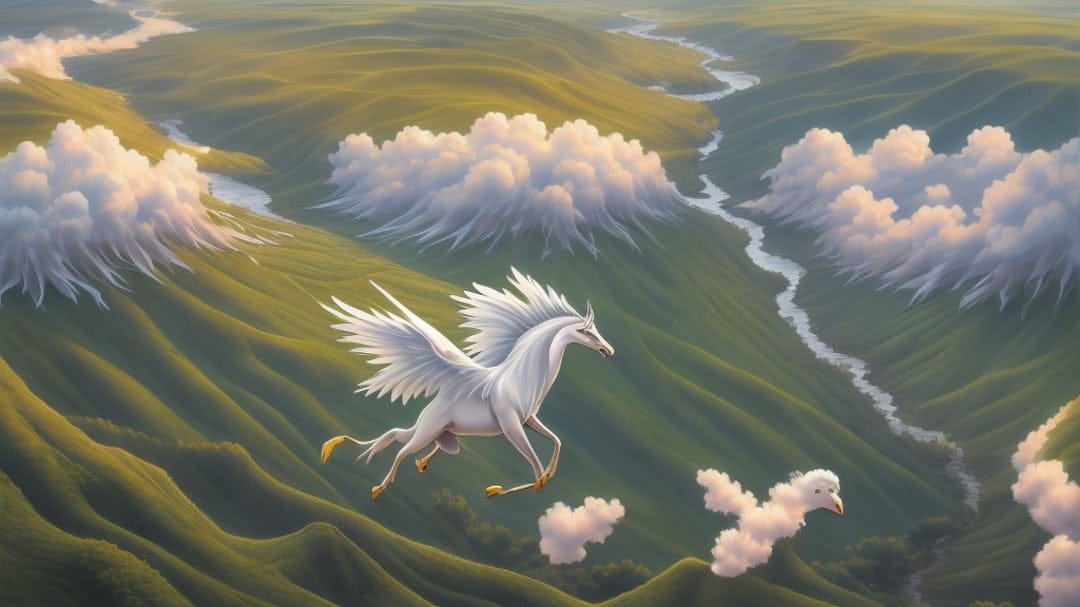 White winged Pegasus soaring over a winding river and lush green hills under a soft, hazy sky with wispy clouds.