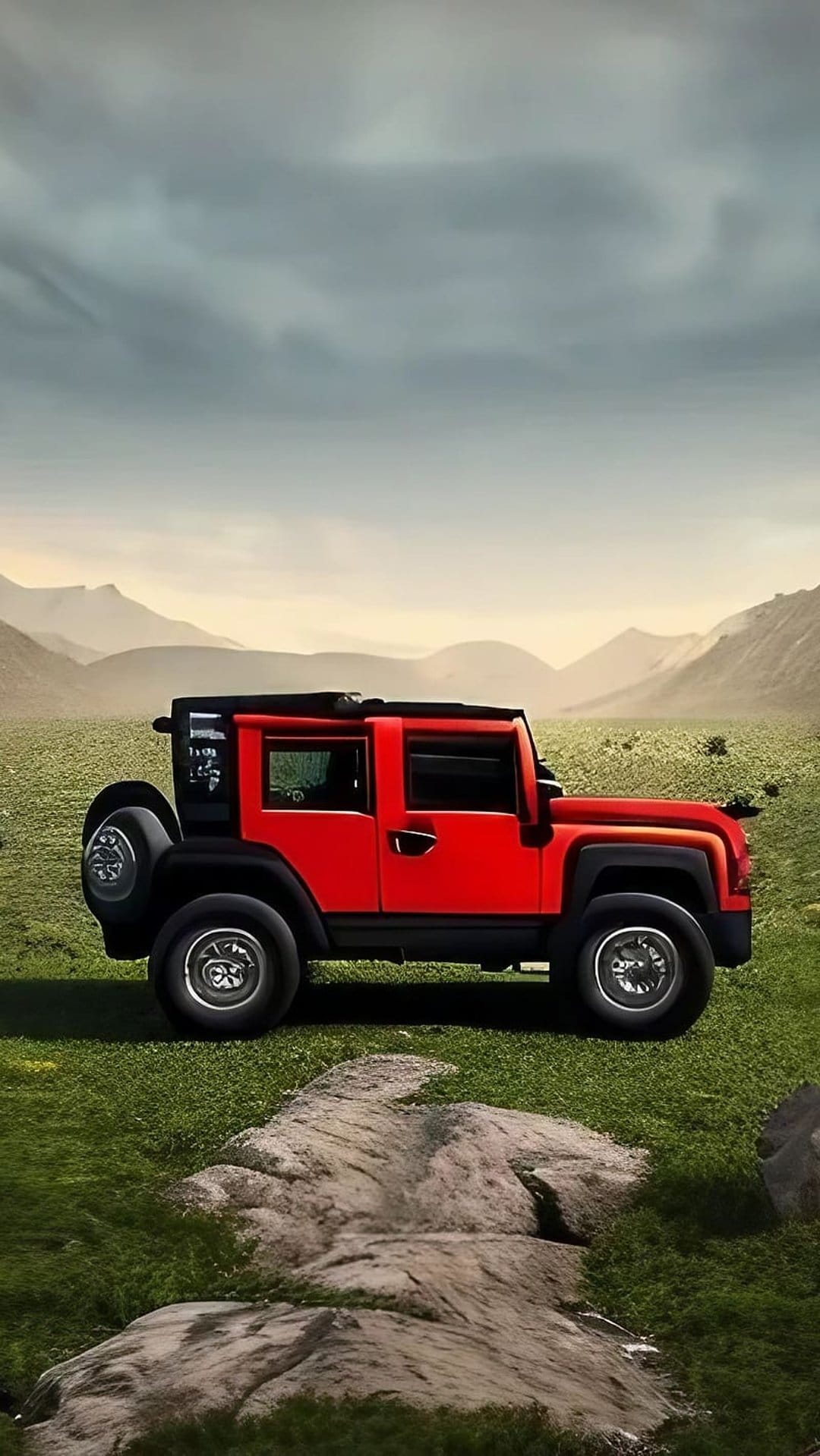 Red Jeep 4x4 vehicle parked in a grassy mountain field with grey boulders under a heavy, dramatic cloudy sky.