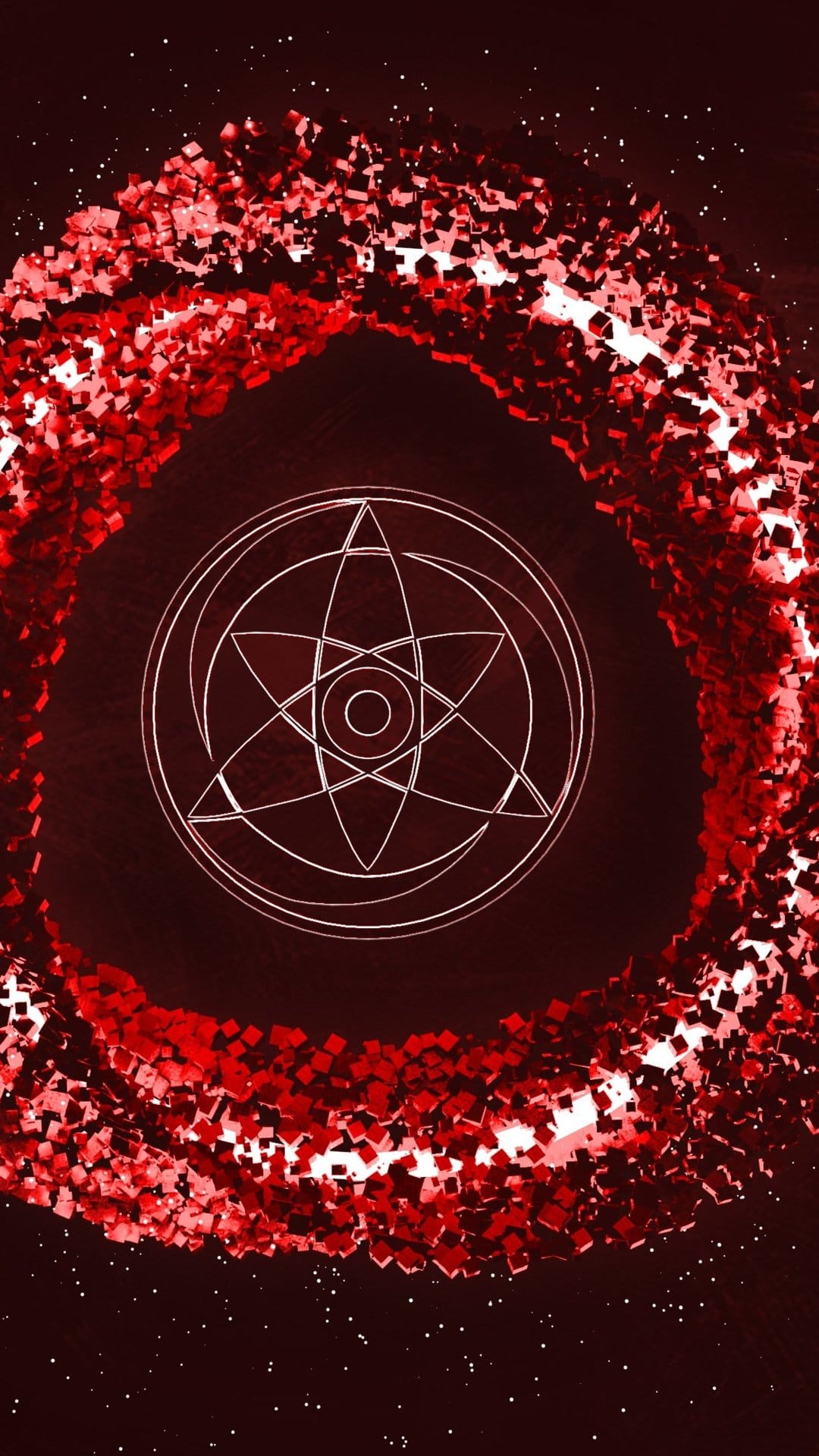Luminous white ocular symbol encased in a swirling crimson cubic vortex against a dark, starlit backdrop.