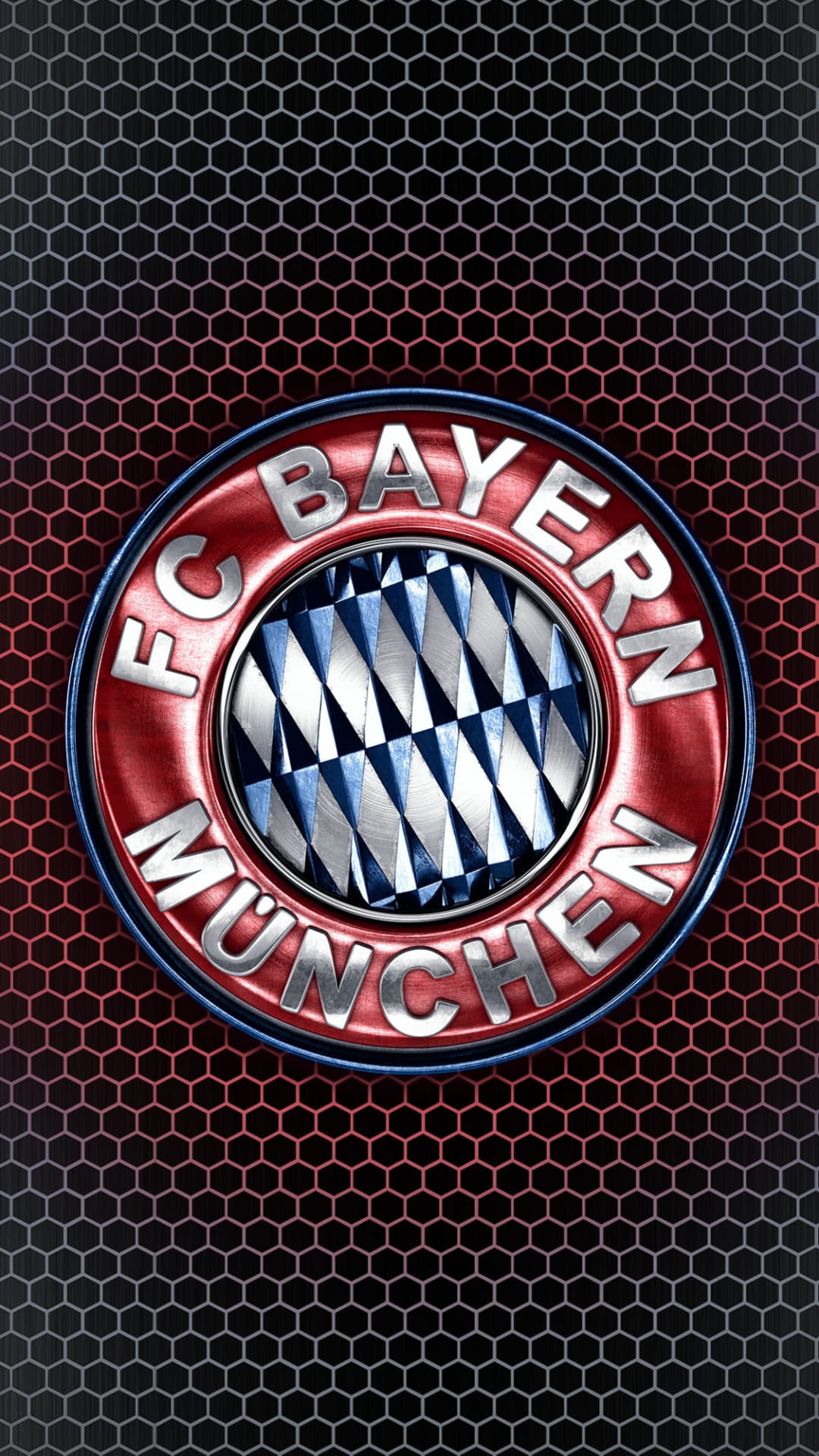 FC Bayern Munich crest features a metallic finish against a dark grey and red hexagonal honeycomb background.