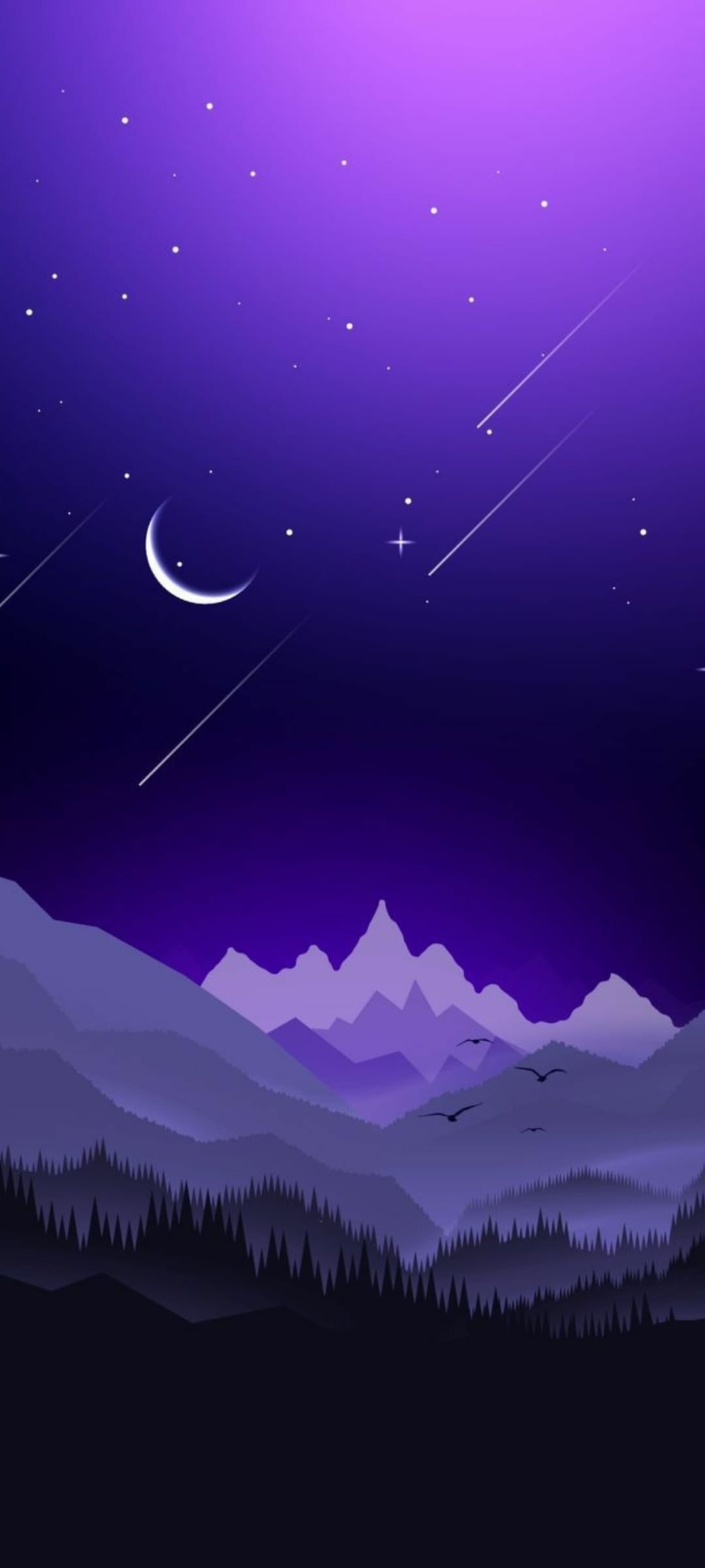 Crescent moon and shooting stars illuminate jagged mountain silhouettes and a pine forest under a purple sky.