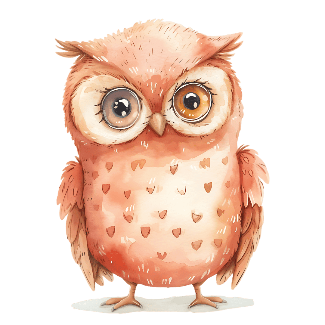 Watercolor owl with mismatched eyes and peachy feathers sits forward against a clean transparent background.