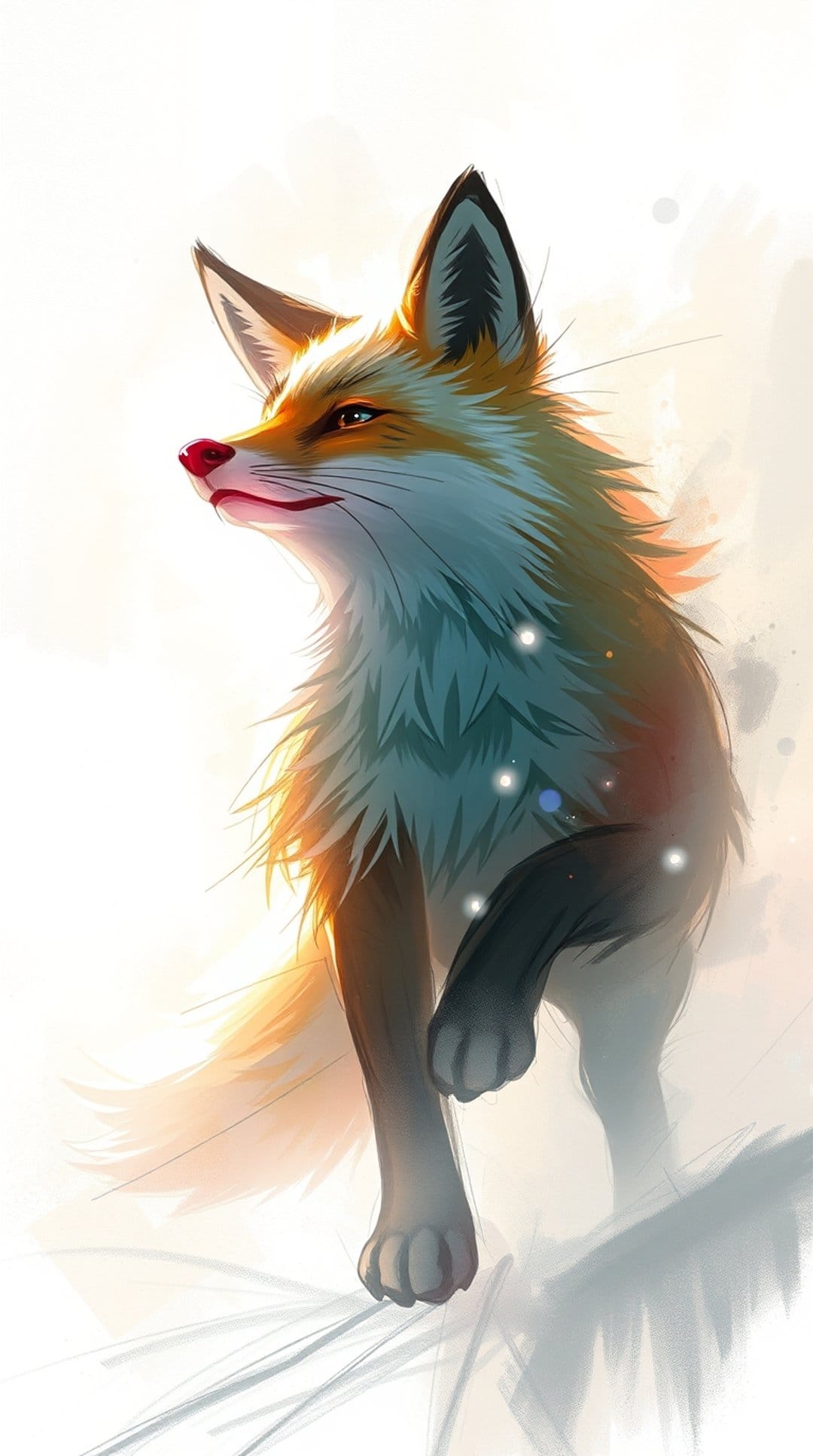 Red fox profile with ginger fur and blue highlights, surrounded by floating white specks and warm sunlight.