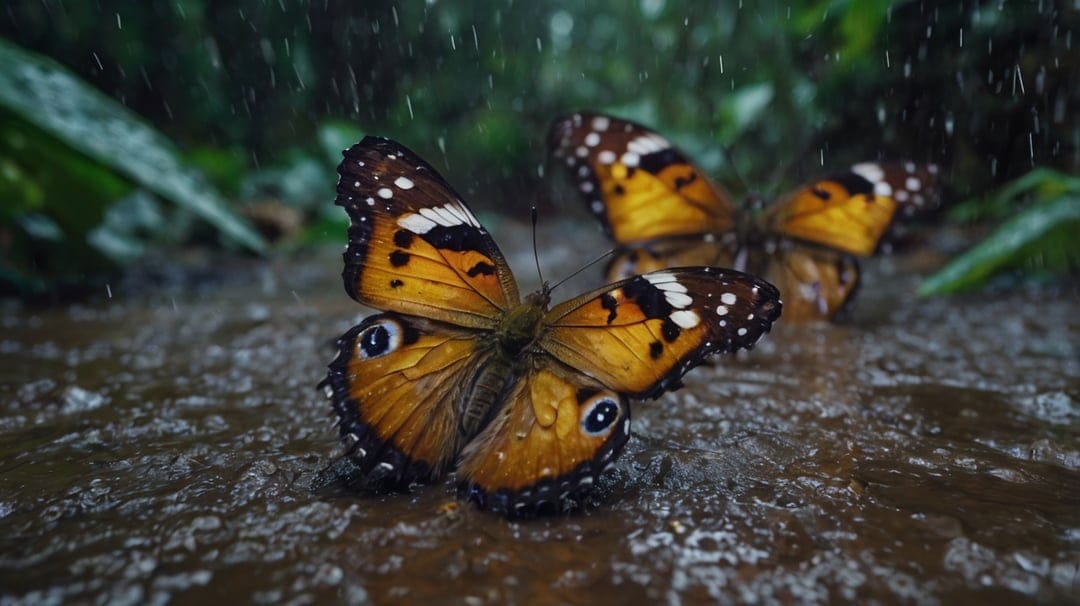 Orange and black butterflies rest on wet soil with raindrops falling against a backdrop of blurry green leaves.
