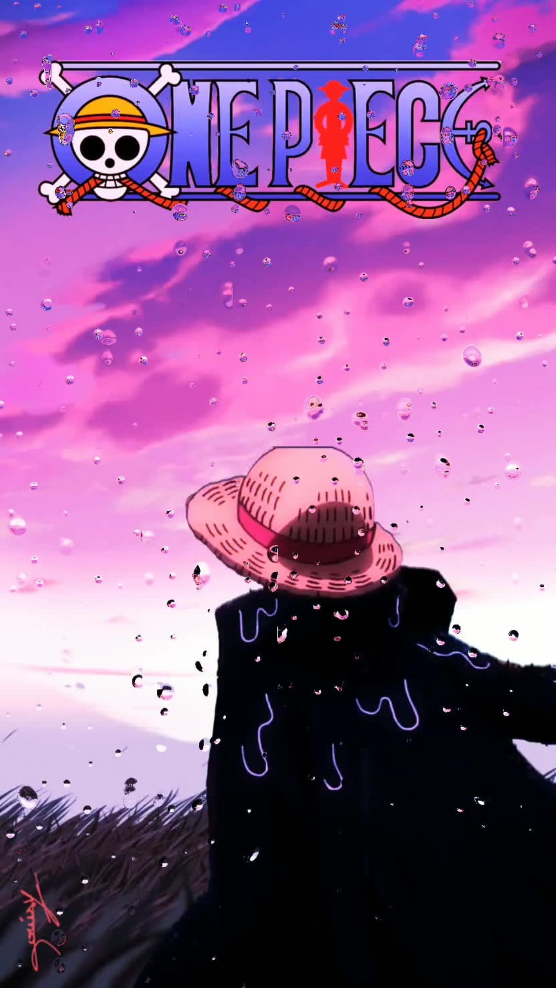 Luffy's straw hat sits against a blurred purple sunset sky with visible raindrops on a glass surface.