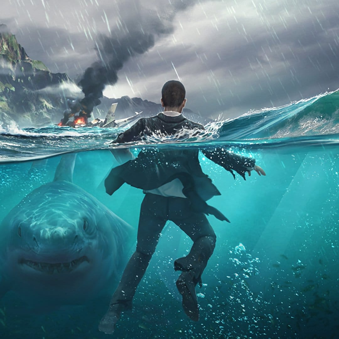 Man in a suit swims in a stormy ocean near a large shark while a distant island wreckage burns under dark clouds.