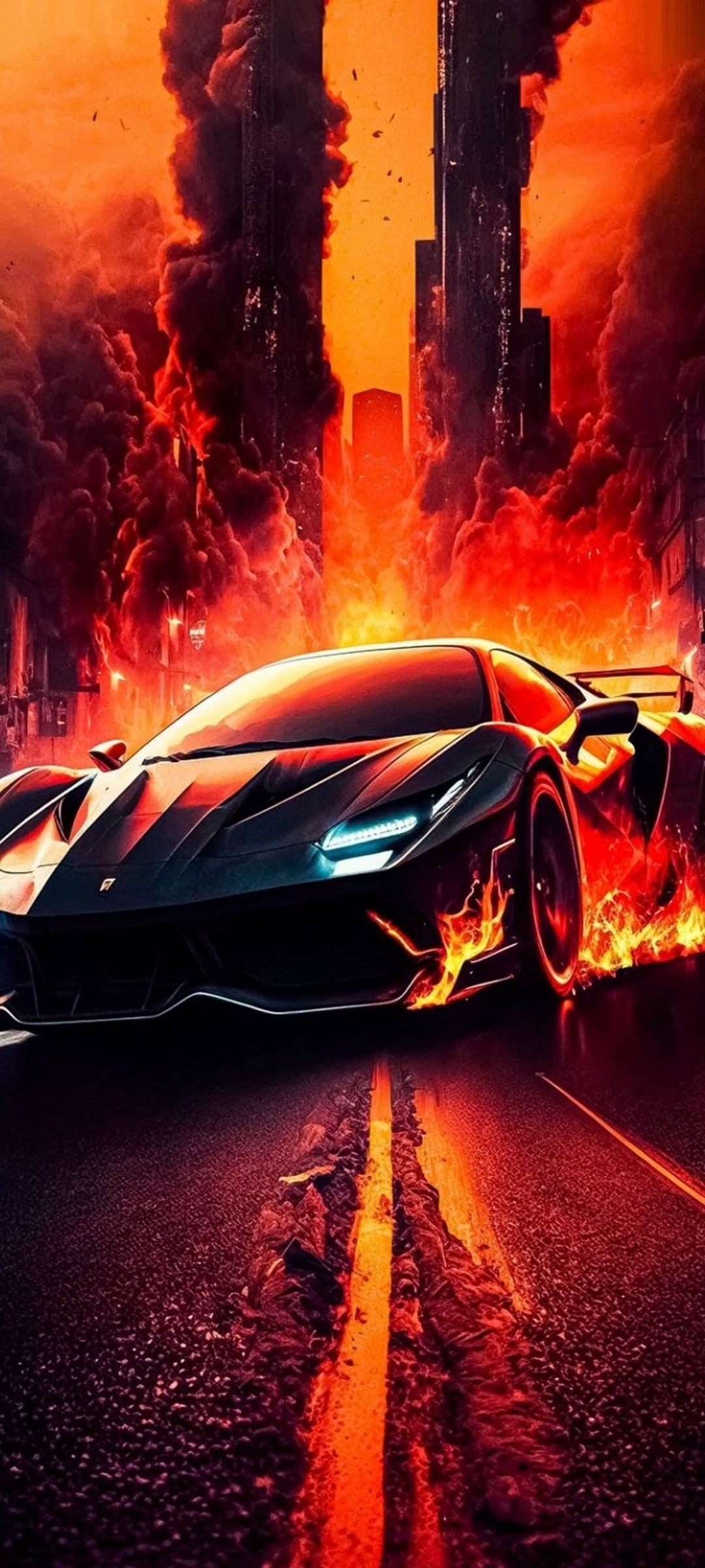 Black sports car engulfed in orange flames racing past dark skyscrapers under a hazy smoldering sky.