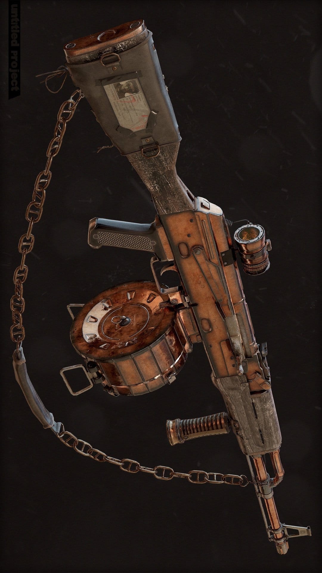 AK-47 rifle with a drum magazine, rusted metal finish, and a heavy iron chain wrapped around the stock.