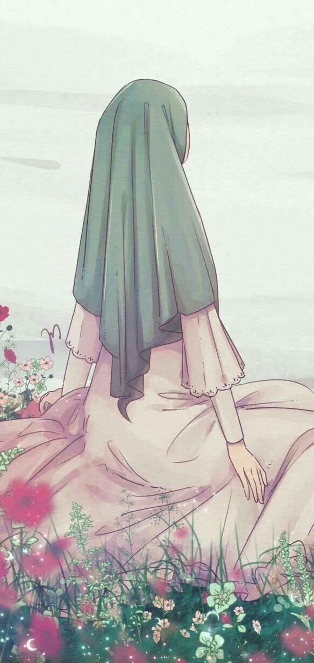 Young woman in a green hijab and pink dress sits in a flower field with glowing stars and soft lighting.