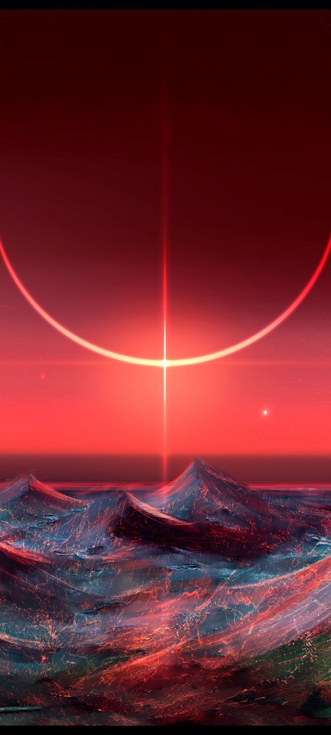 Churning dark waves crash beneath a blood-red sky featuring a glowing vertical beam and a celestial planetary ring.