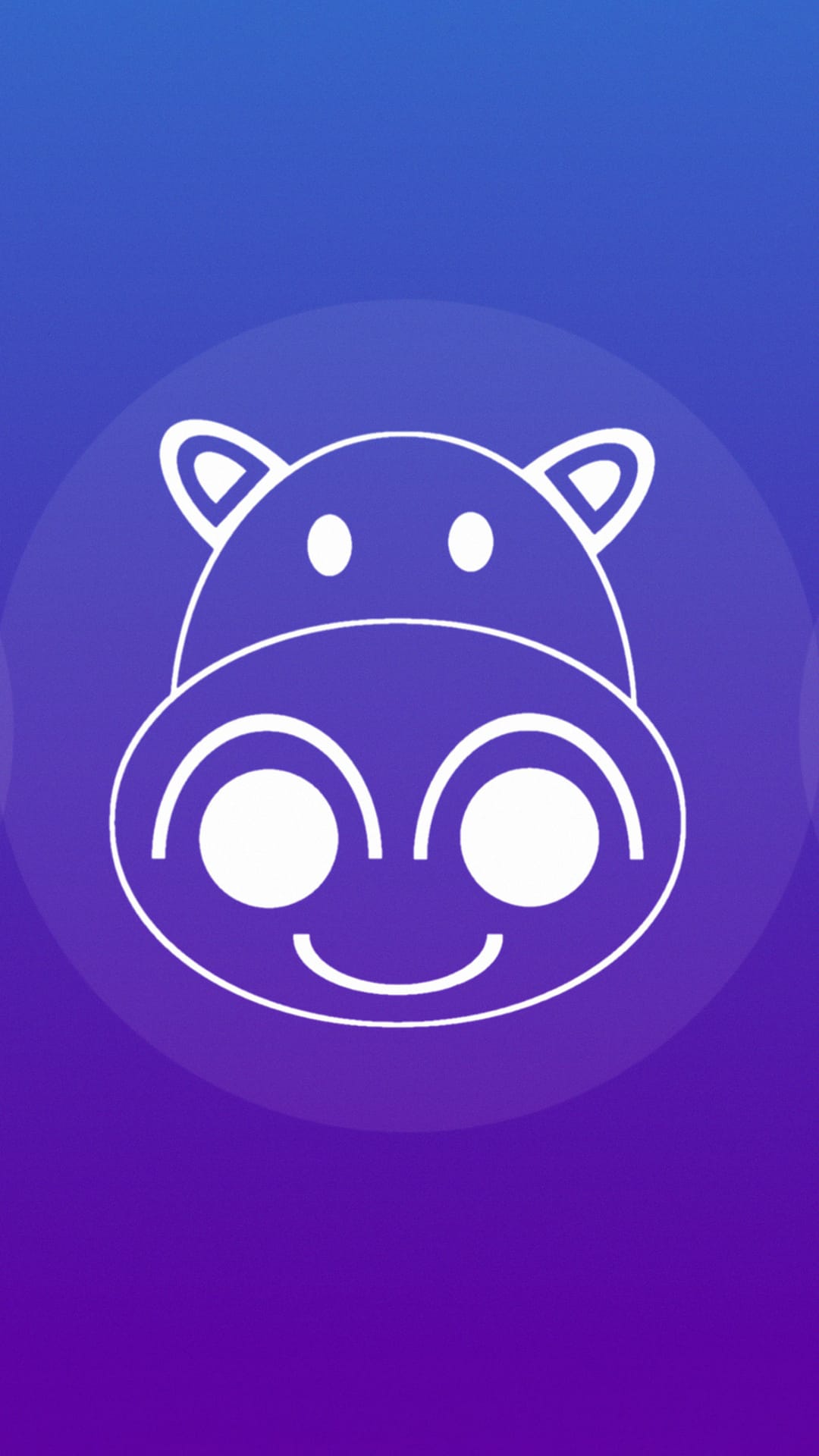 White hippo face outline inside a circle centered on a vibrant purple and blue vertical gradient background.